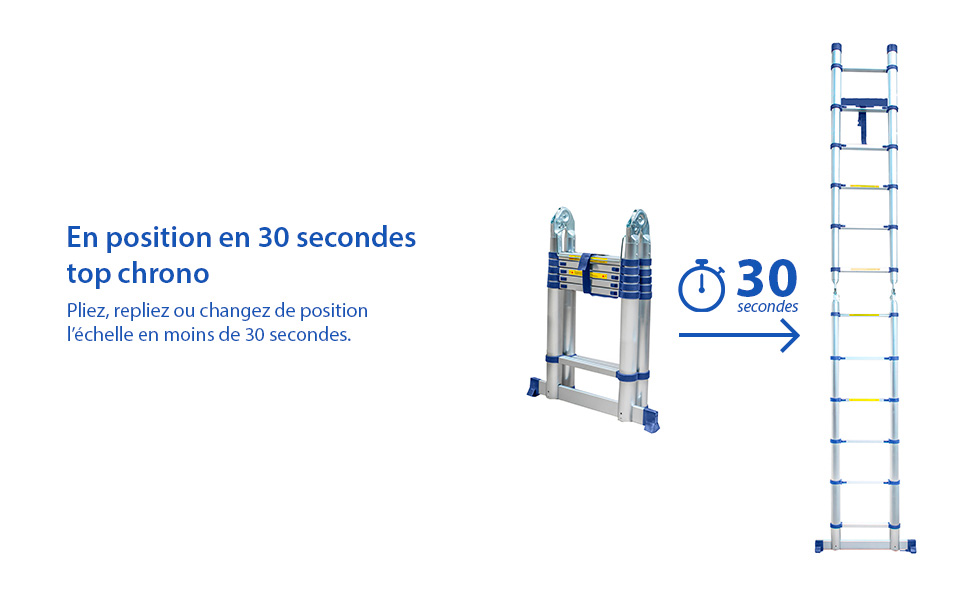 Échelle télescopique articulée aluminium 3,8 m (1,9 + 1,6) Stempakt Hostrom, légère, compacte et pliable, hauteur de travail max 4,7m, charge max 150 kg, garantie 5 ans