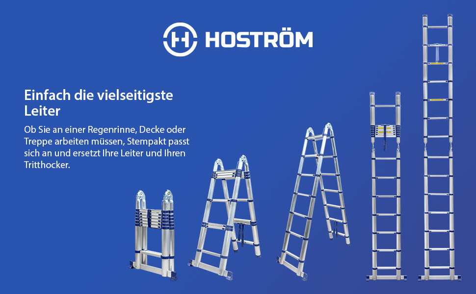 Teleskopische, gelenkige Aluminiumleiter 4,4 m (2,2 + 2,2) Stempakt Hostrom, leicht, kompakt und faltbar, maximale Arbeitshöhe 5,3m, maximale Belastung 150 kg, 5 Jahre Garantie
