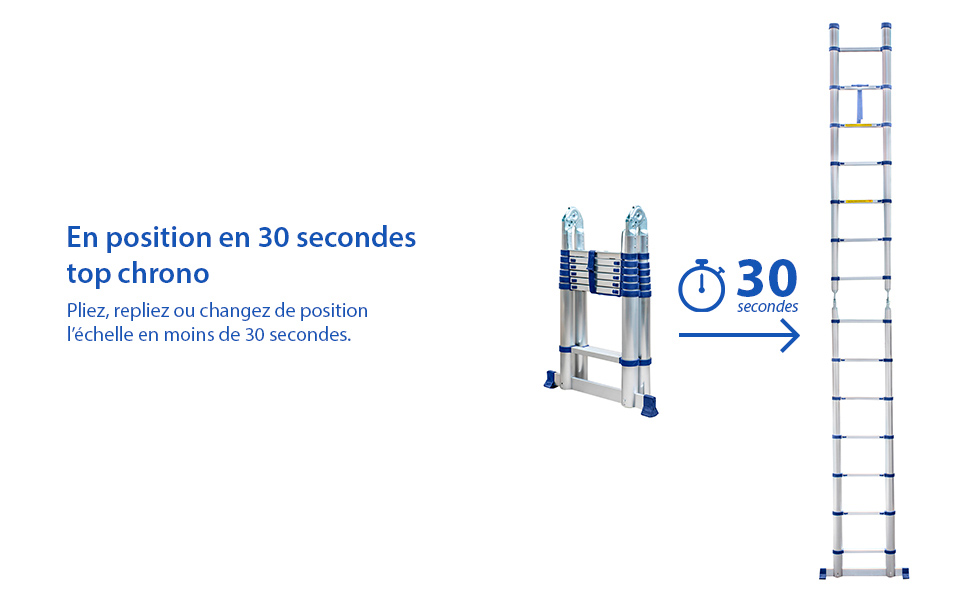 Échelle télescopique articulée aluminium 4,4 m (2,2 + 2,2) Stempakt Hostrom, légère, compacte et pliable, hauteur de travail max 5,3m, charge max 150 kg, garantie 5 ans
