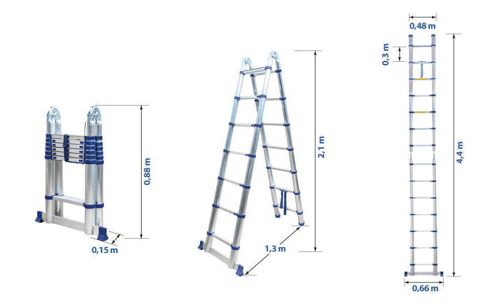 Échelle télescopique articulée aluminium 4,4 m (2,2 + 2,2) Stempakt Hostrom, légère, compacte et pliable, hauteur de travail max 5,3m, charge max 150 kg, garantie 5 ans