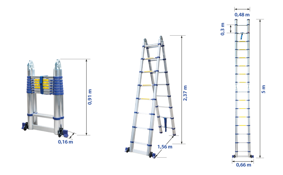 Échelle télescopique articulée aluminium Stempakt Hostrom, légère, compacte et pliable, hauteur de travail max 5,9m, charge max 150 kg, garantie 5 ans
