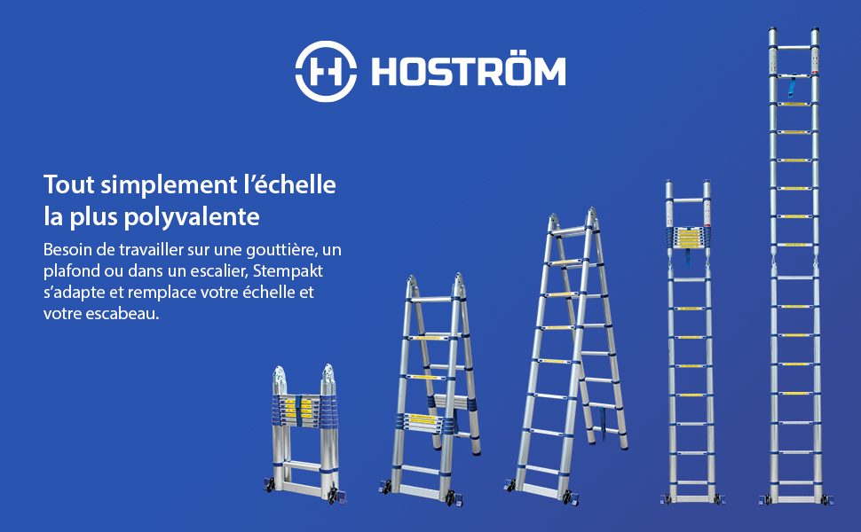 Échelle télescopique articulée aluminium Stempakt Hostrom, légère, compacte et pliable, hauteur de travail max 5,9m, charge max 150 kg, garantie 5 ans