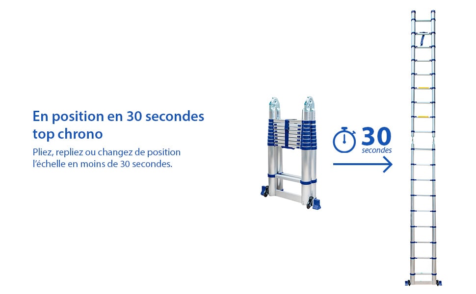 Échelle télescopique articulée aluminium 5,6m (2,8 + 2,8) Stempakt Hostrom, légère, compacte et pliable, hauteur de travail max 5,9m, charge max 150 kg, garantie 5 ans