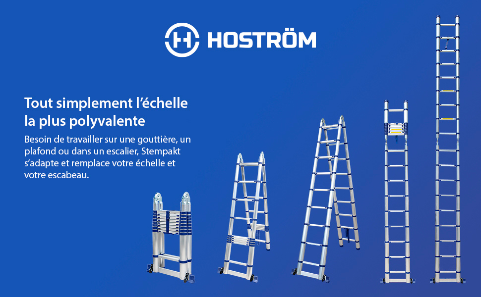 Échelle télescopique articulée aluminium 5,6m (2,8 + 2,8) Stempakt Hostrom, légère, compacte et pliable, hauteur de travail max 5,9m, charge max 150 kg, garantie 5 ans