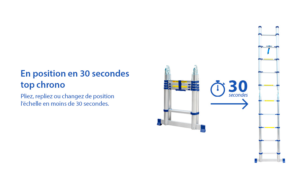 Échelle télescopique articulée aluminium 3,2 m (1,6 + 1,6) Stempakt Hostrom, légère, compacte et pliable, hauteur de travail max 4,1m, charge max 150 kg, garantie 5 ans