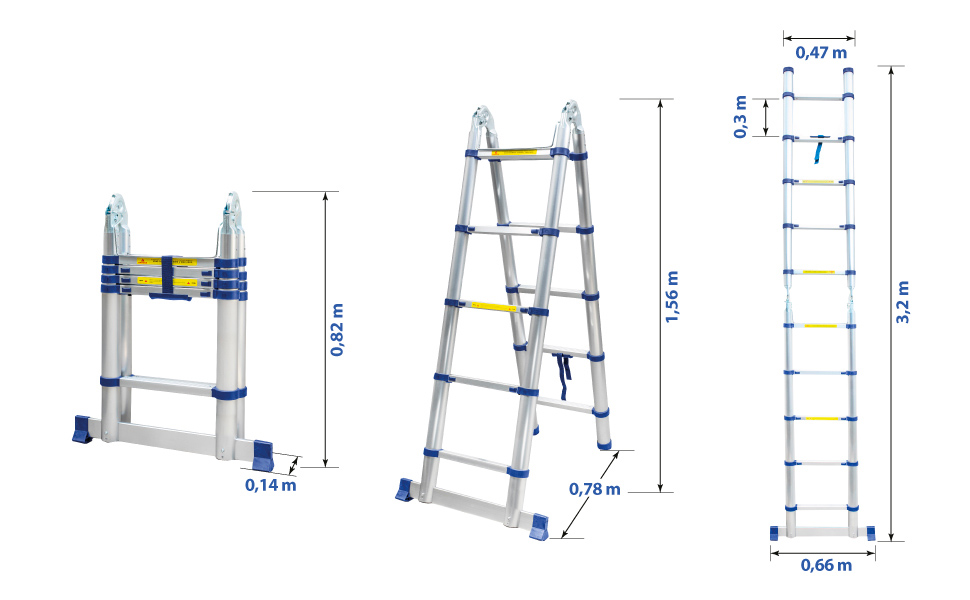 Échelle télescopique articulée aluminium 3,2 m (1,6 + 1,6) Stempakt Hostrom, légère, compacte et pliable, hauteur de travail max 4,1m, charge max 150 kg, garantie 5 ans
