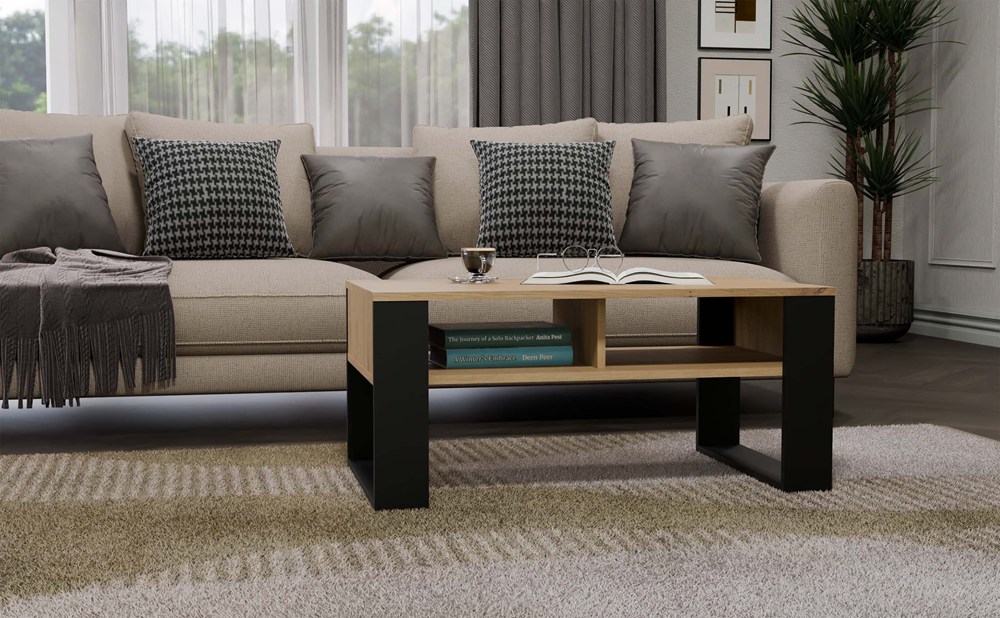 Raumhirsch Table basse 90x50x58 cm Avec rangement chêne Artisan / noir – détail 1