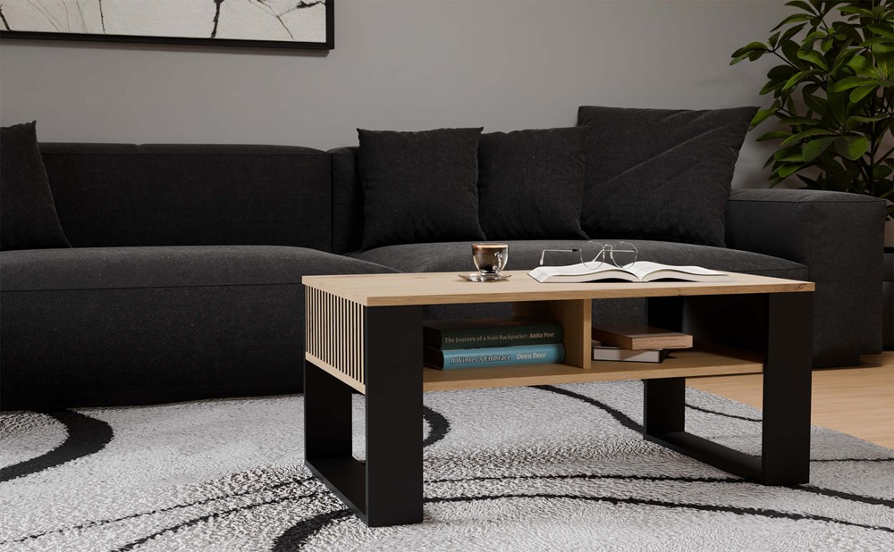 Raumhirsch Table basse 90x50x58 cm Avec rangement slim artisan / noir – détail 1