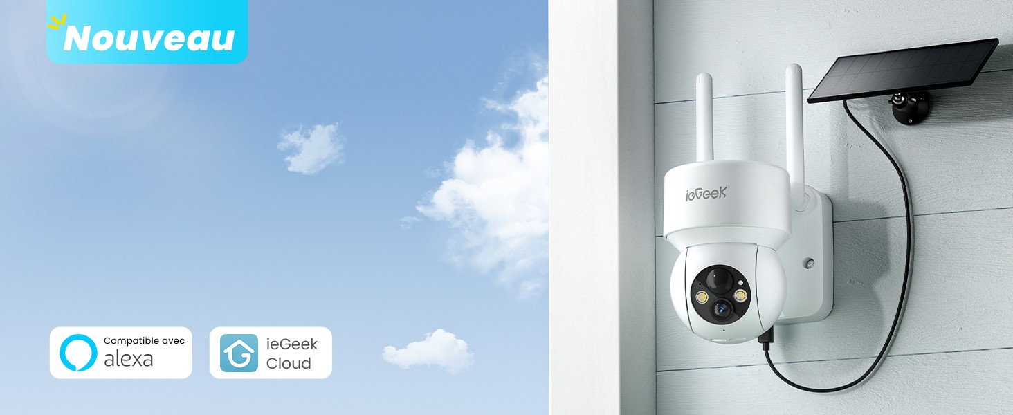 Caméra Extérieure Solaire IeGeek 2K - Vision Nuit Couleur, Détection AI, Audio 2 Sens - Étanche IP65, Alexa