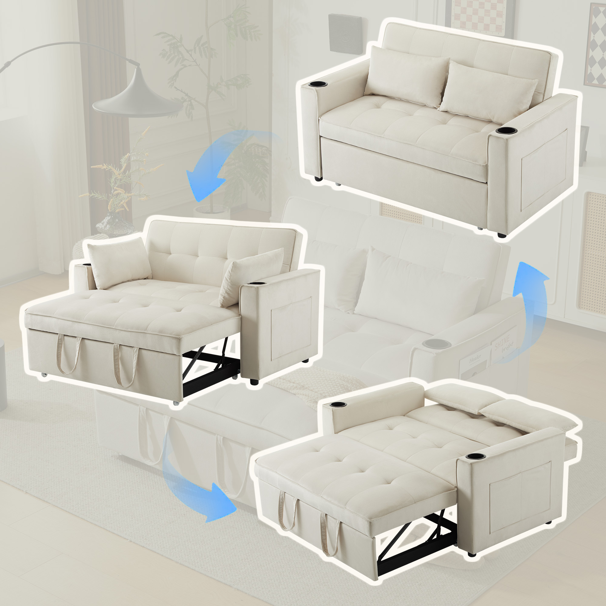 Canapé convertible 2 places beige velours