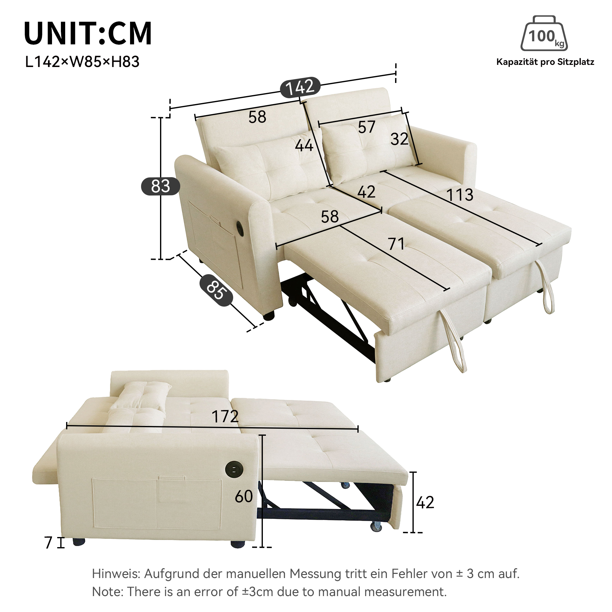 Dimensions canapé convertible 3 en 1