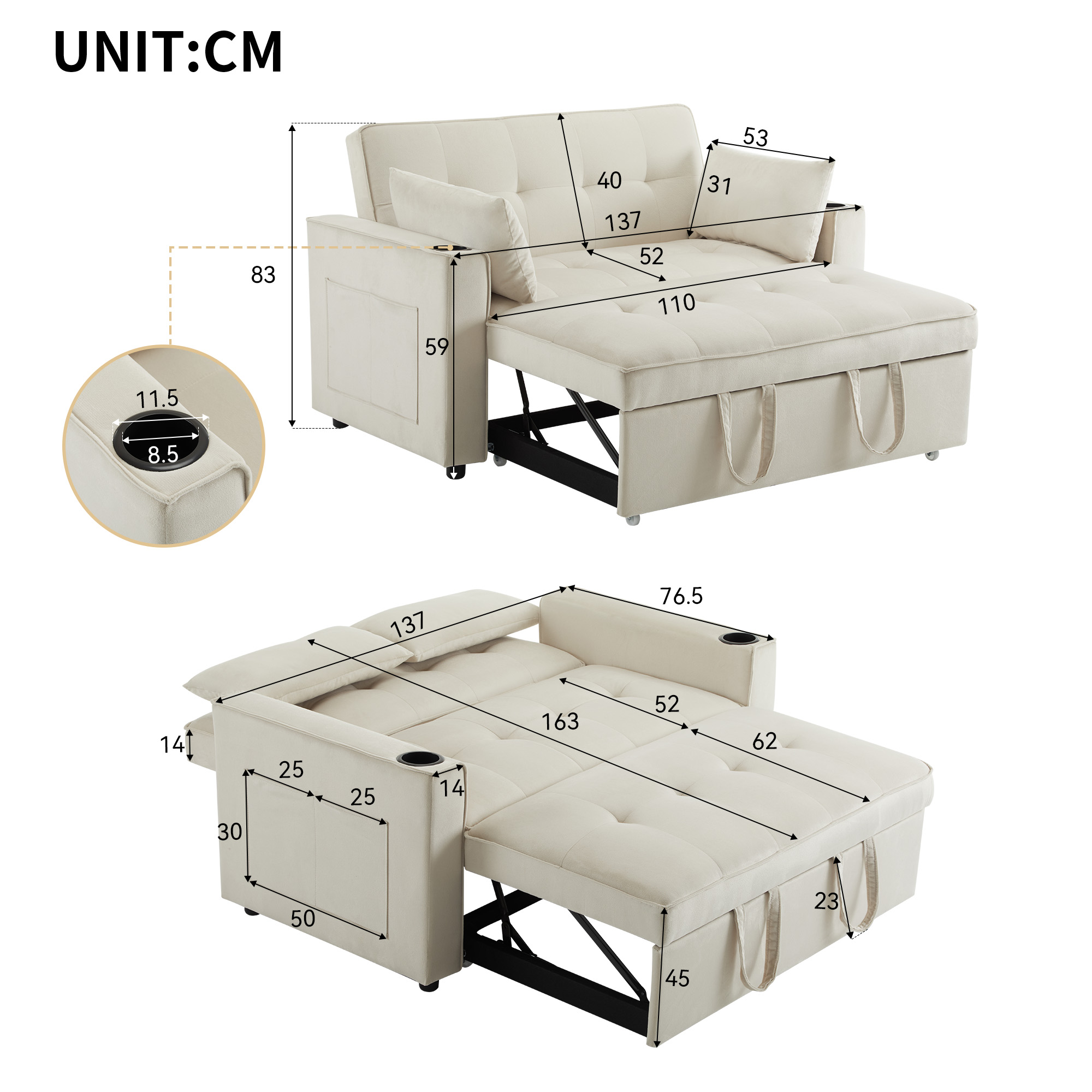 Dimensions canapé convertible 2 places beige