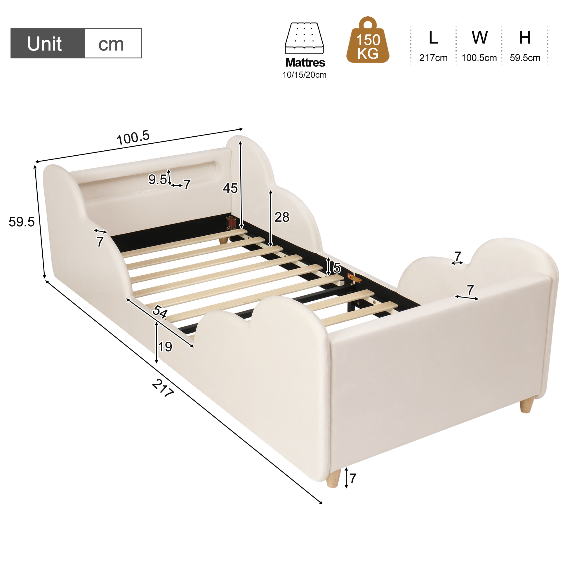Dimensions lit enfant 217x100.5x59.5 cm