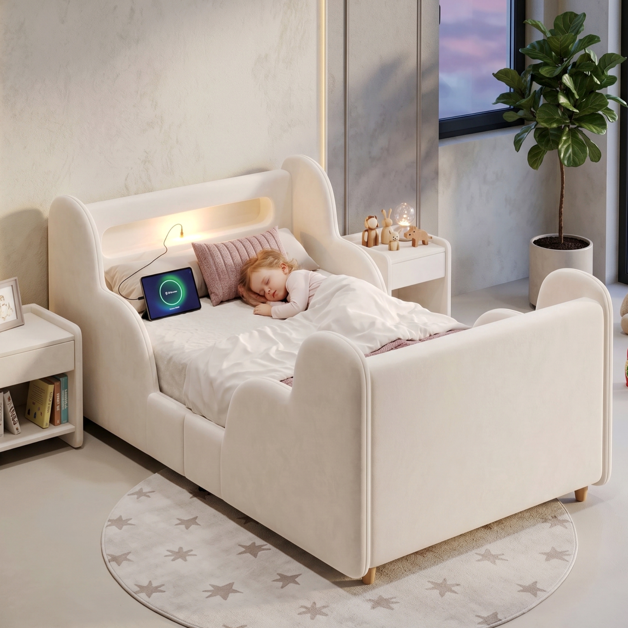Lit enfant beige velours 90x200 nuage sécurité LED