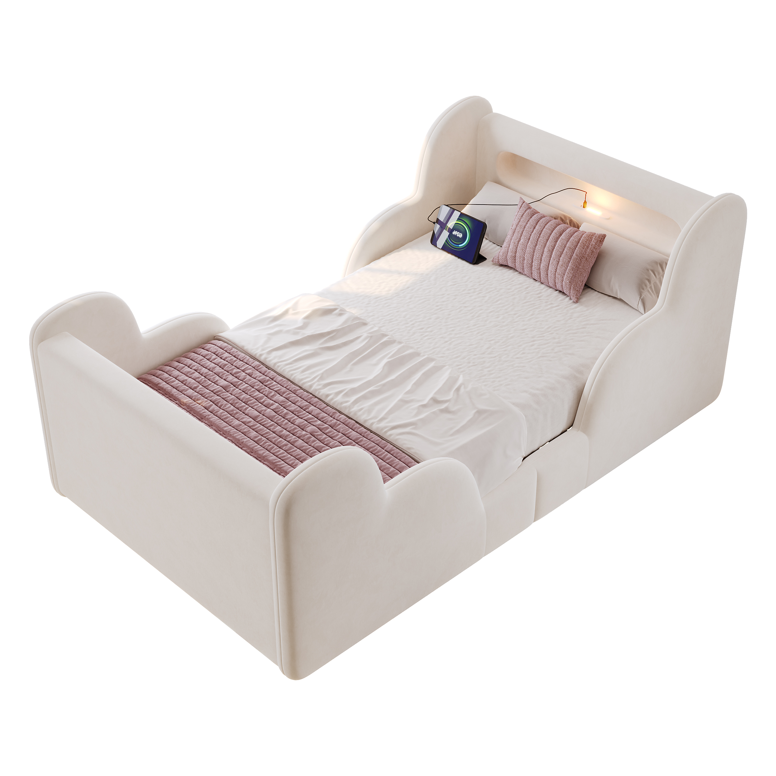 Détail lit enfant velours beige sécurité