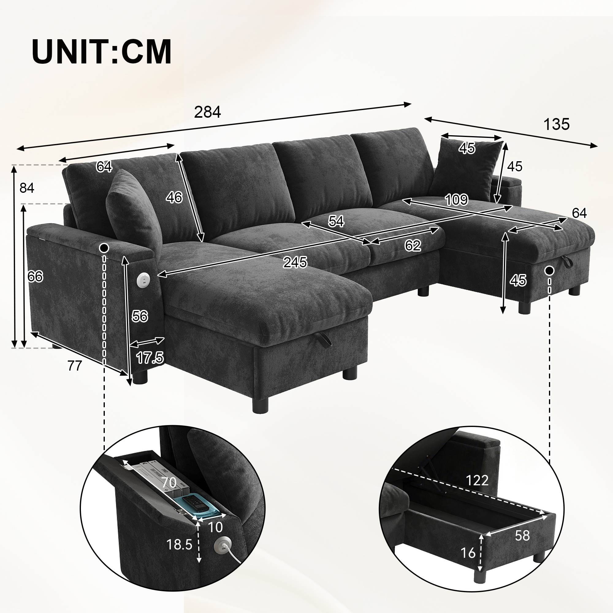 Dimensions canapé U gris 284cm