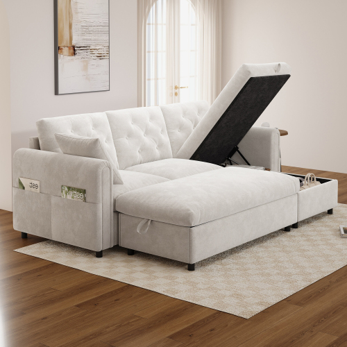 Rangements intégrés dans la méridienne et le pouf
