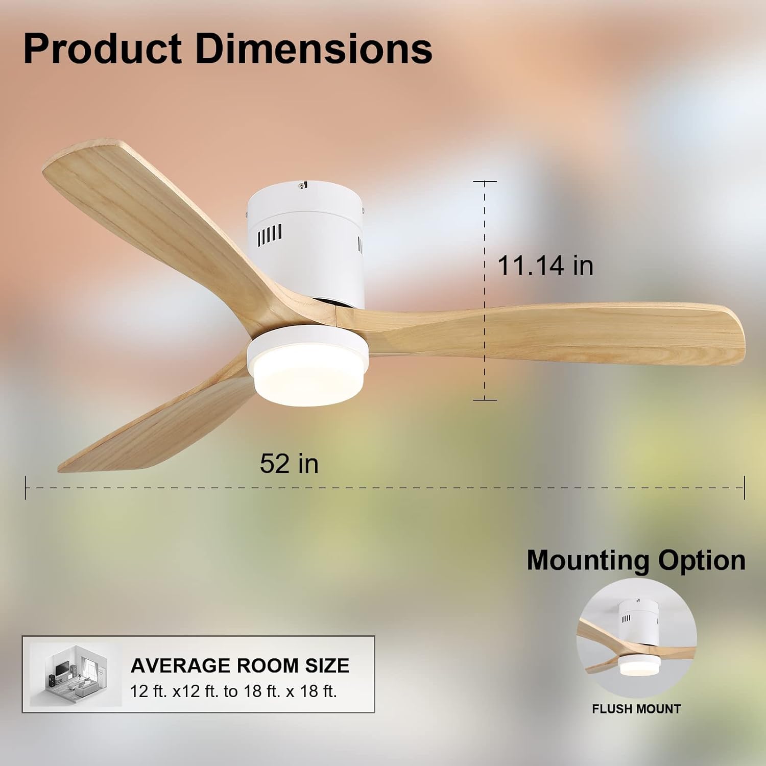 Ventilateur de plafond 52 pouces blanc mat avec pales en bois massif