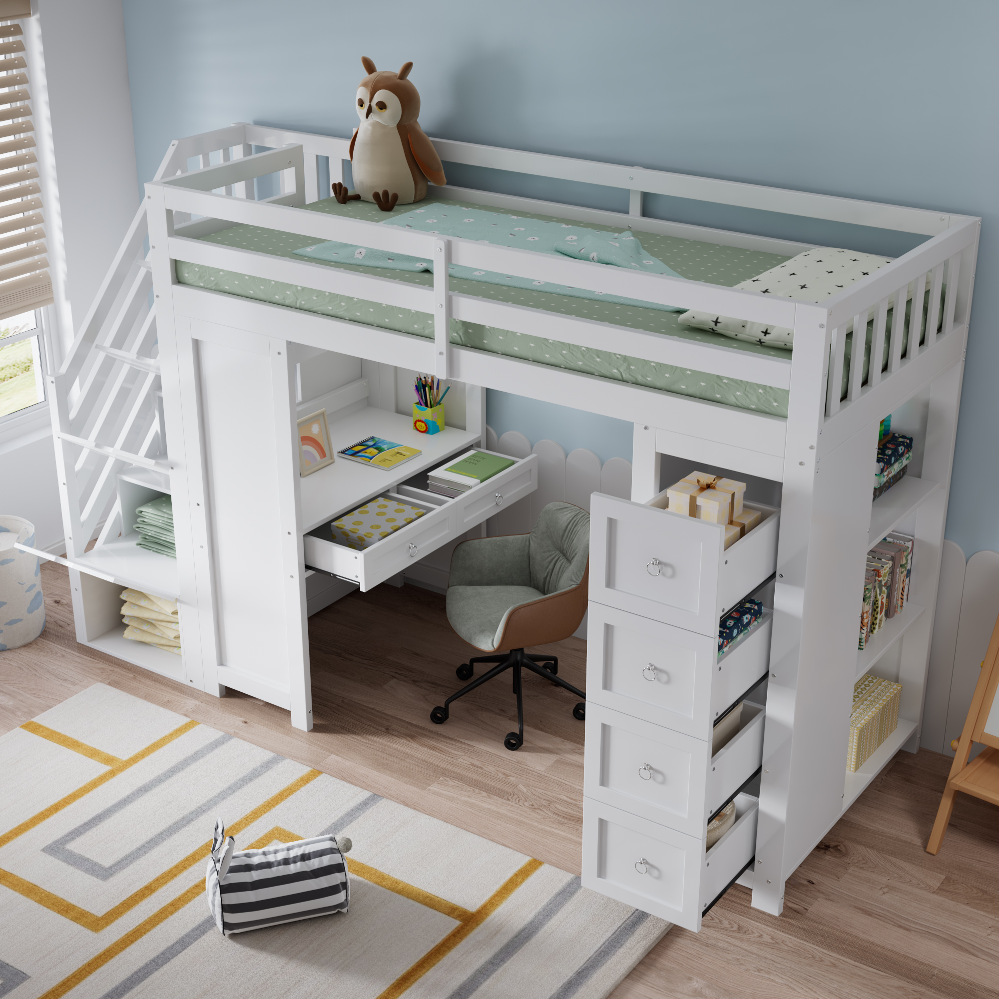 Lit mezzanine avec rangements, 2 tiroirs, bureau finition blanc 🏠 - présentation 1