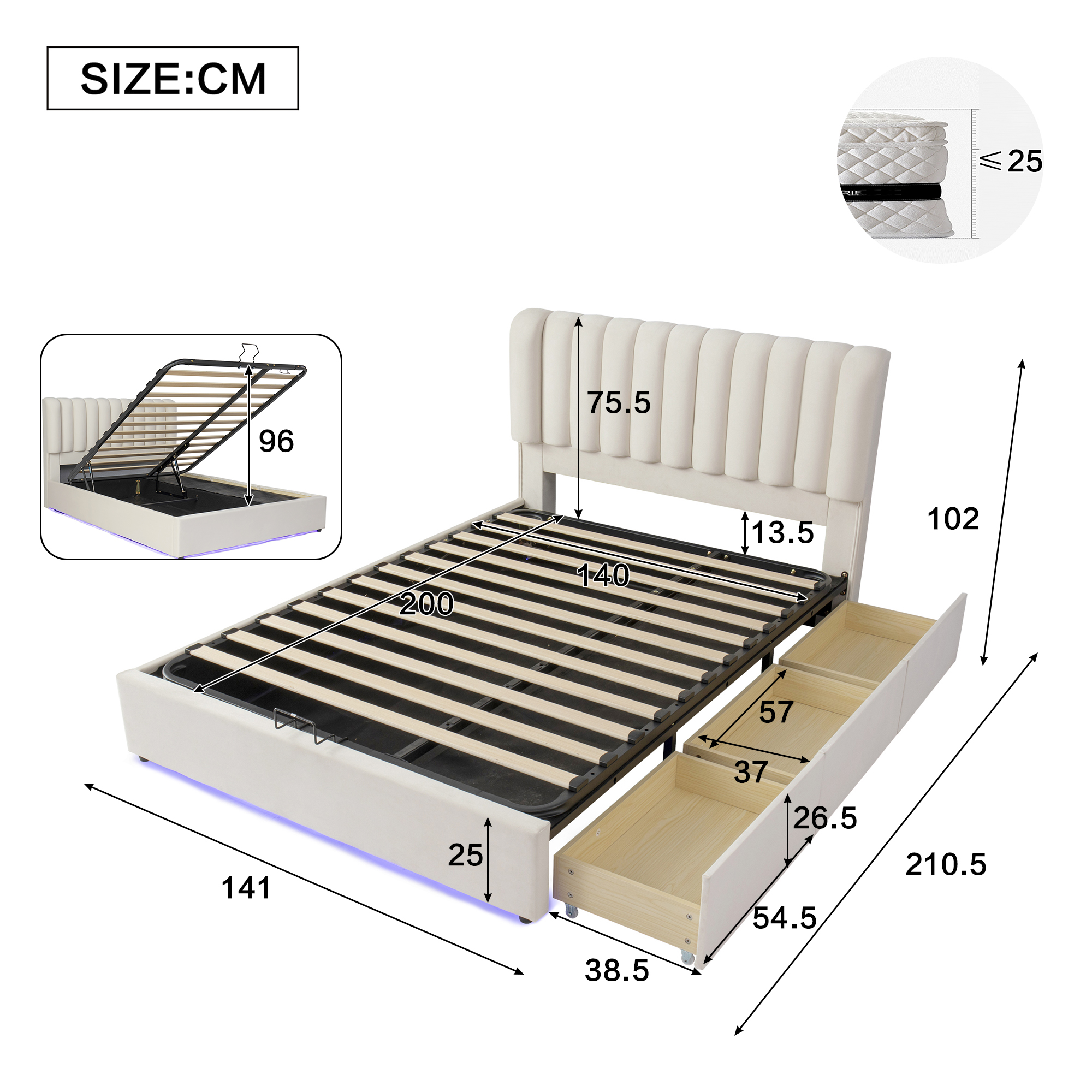 Lit 140 x 200 cm avec structure fonctionnelle beige - points forts 1