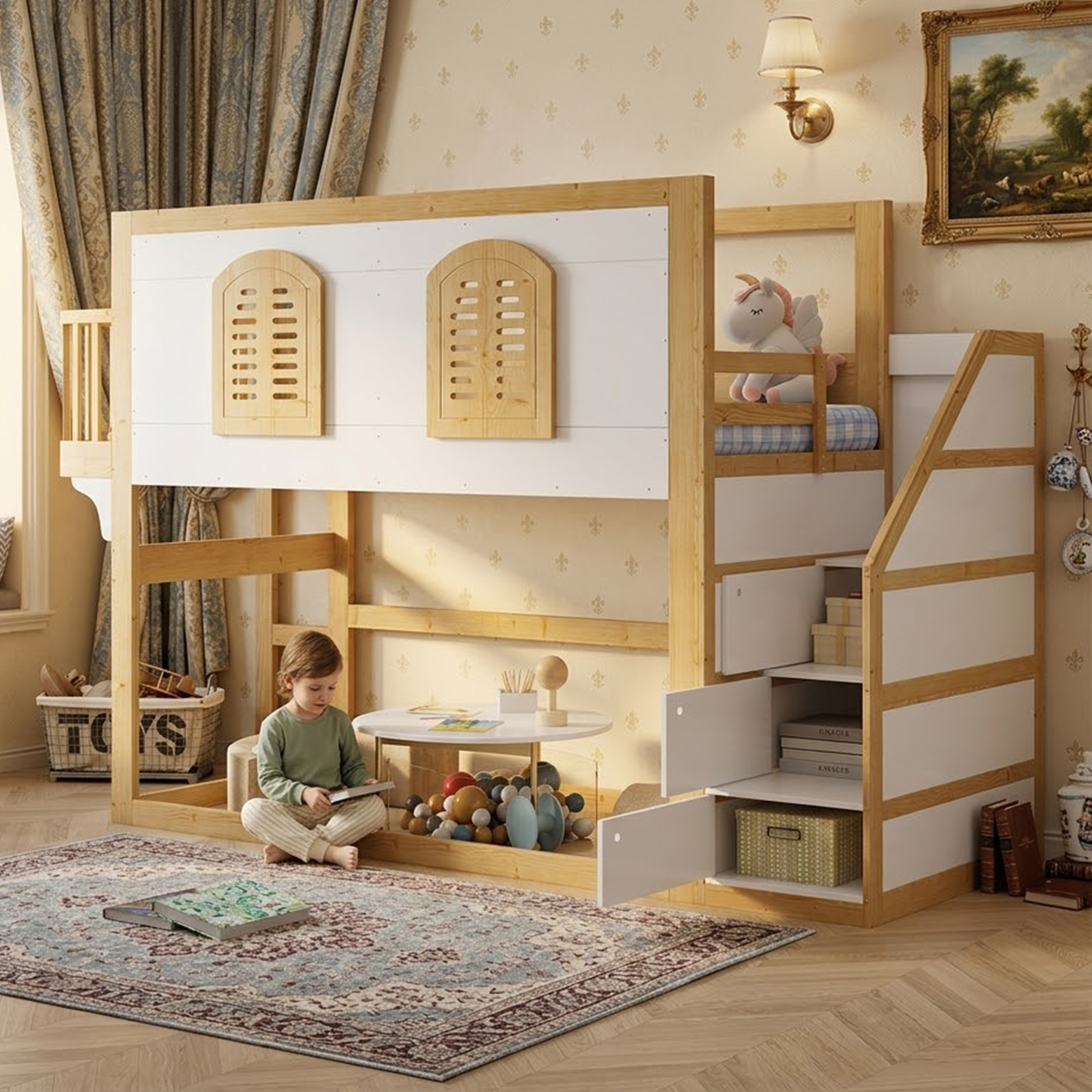 Lit mezzanine enfant 90x200 blanc naturel bois escaliers rangement