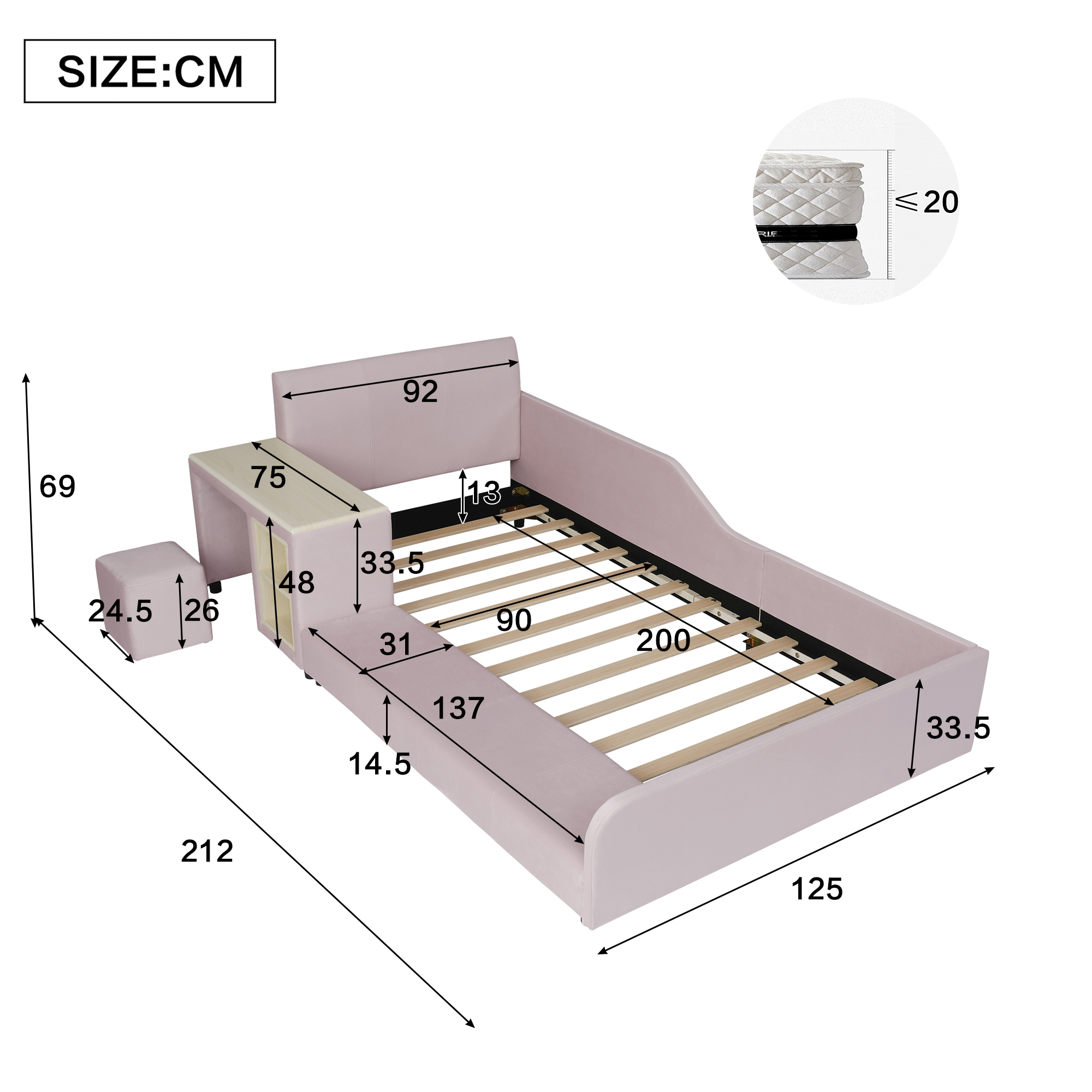 Lit rembourré 90 x 200 cm avec éclairage LED, rangements intégrés, bureau intégré, tabouret, rose - vue complémentaire 1