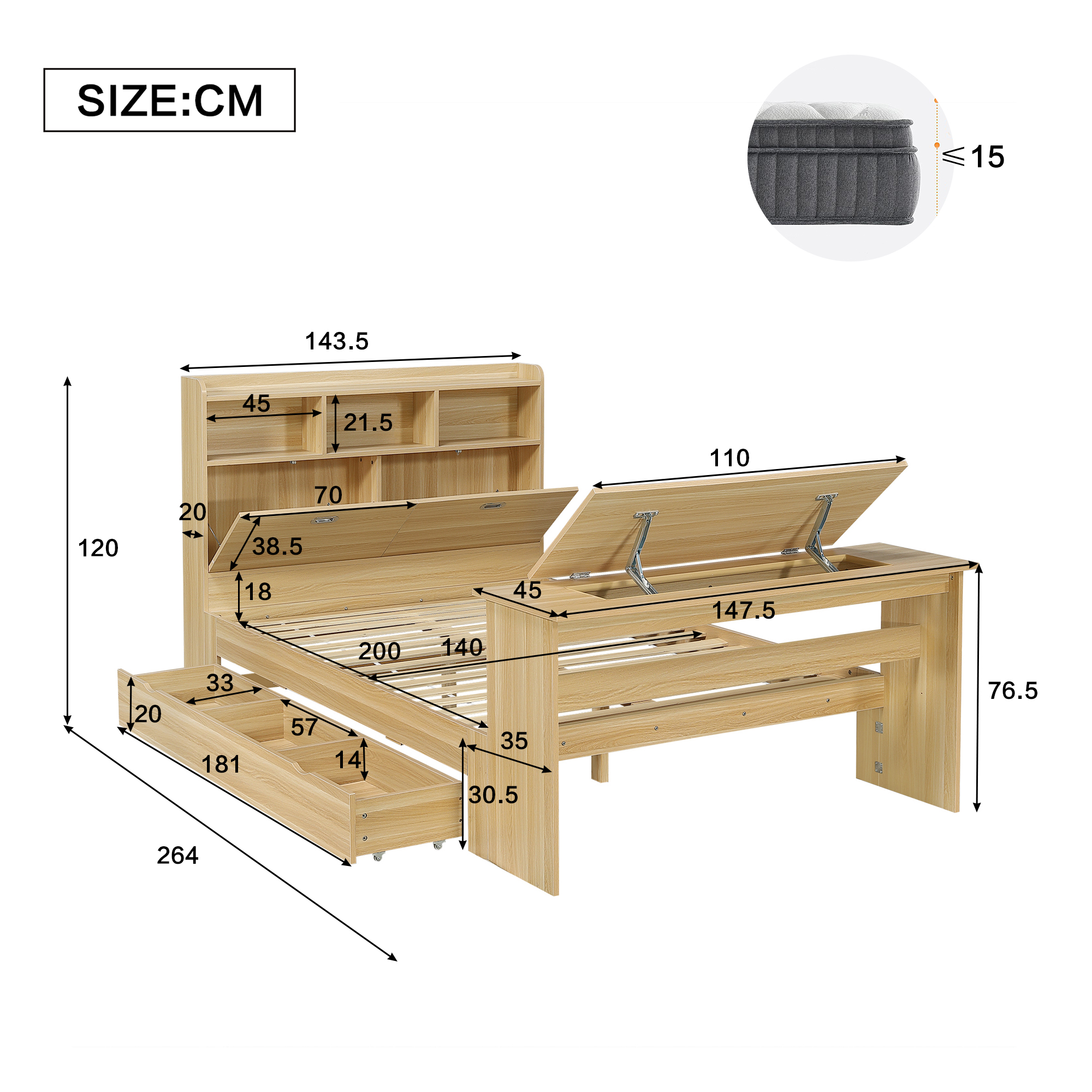 Lit 140 x 200 cm avec LED, rangements, bureau finition naturel 🏠 - points forts 1