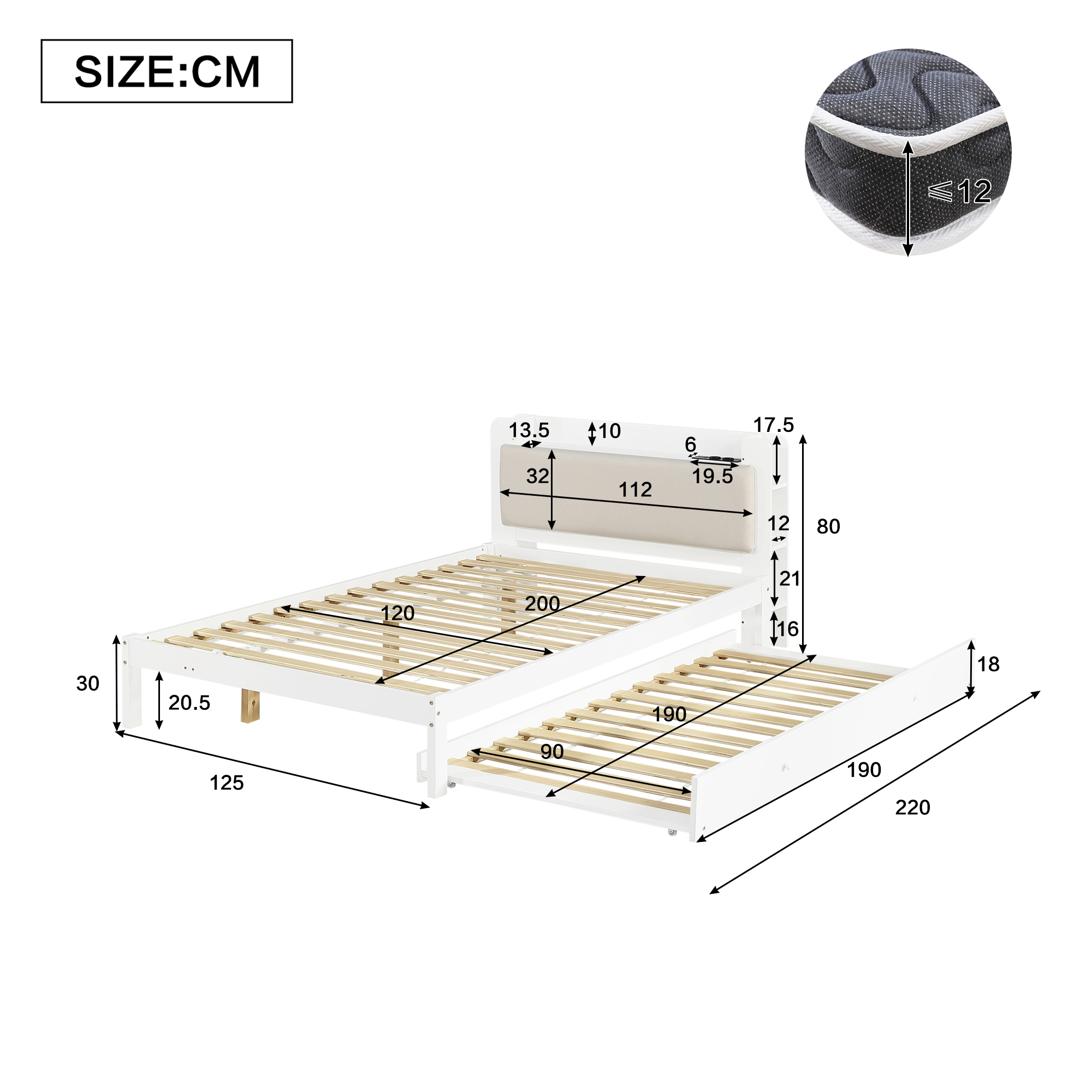 Lit banquette / lit gigogne 120 x 200 cm avec éclairage LED, rangements intégrés, fonction extensible, blanc - vue complémentaire 1