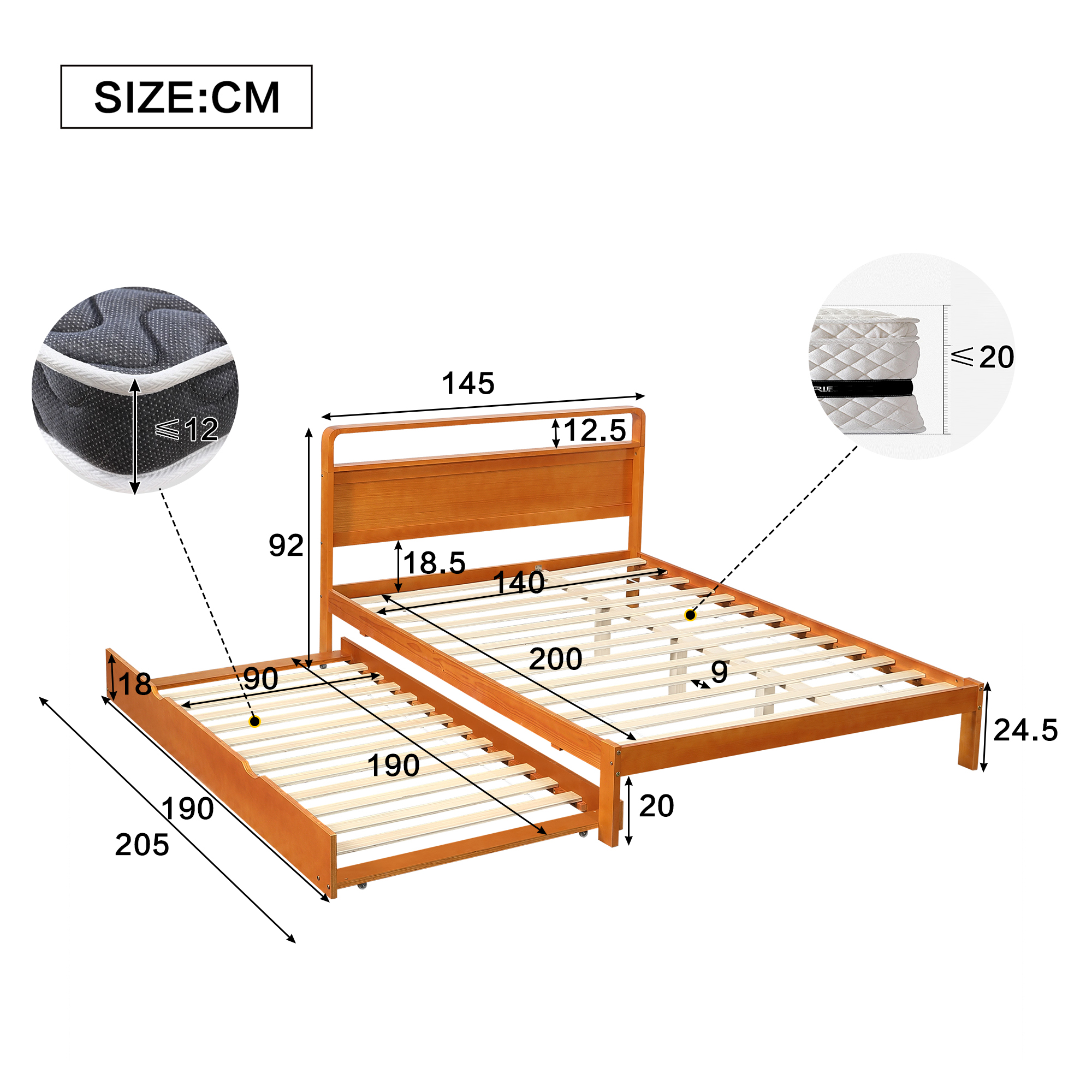 Lit en bois avec lit gigogne 140 x 200 cm, lit gigogne 90 x 190 cm, bois de pin, effet bois naturel, 205 x 145 x 92 cm 🛏️↔ - vue complémentaire 1