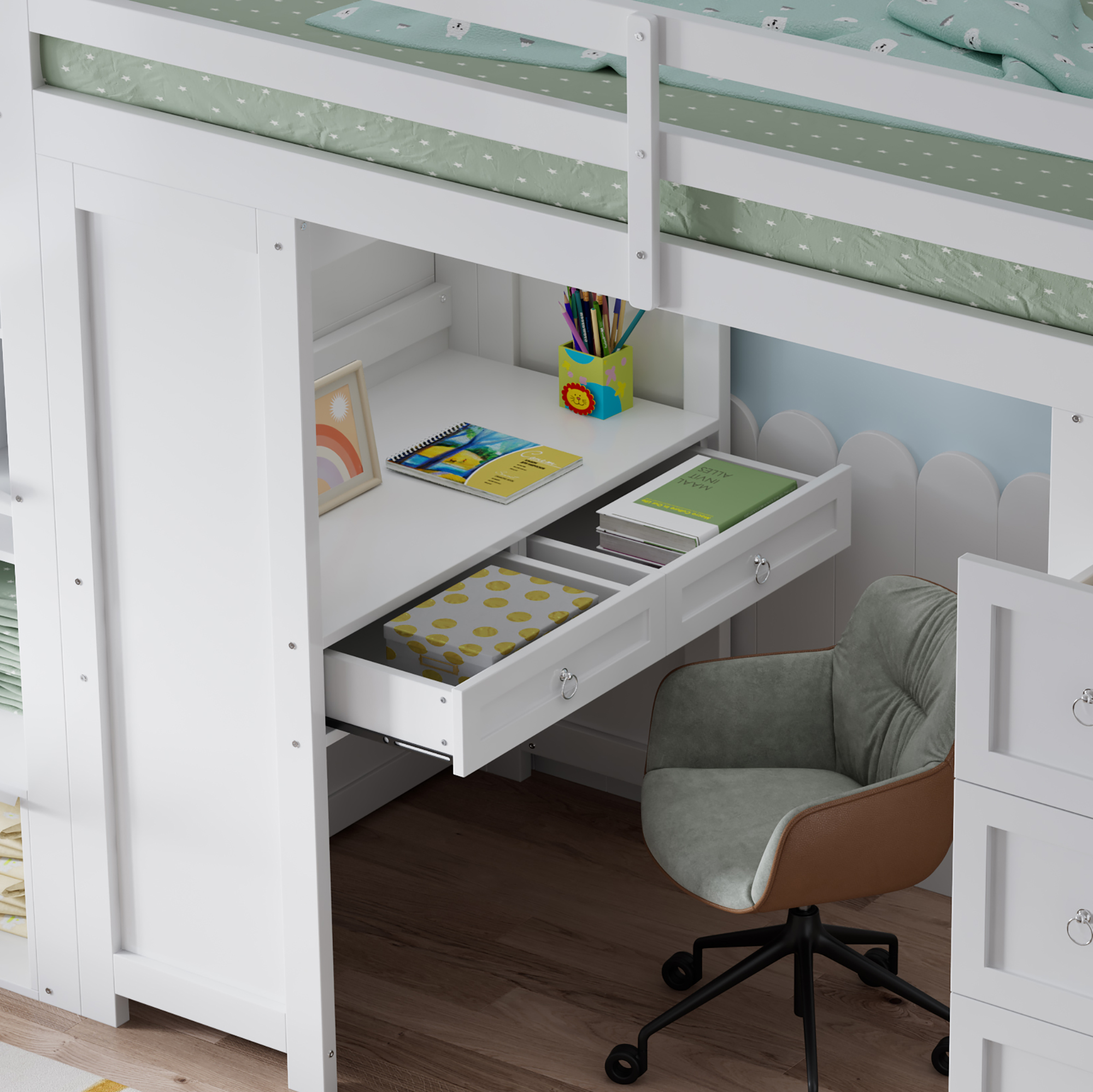 Lit mezzanine avec rangements, 2 tiroirs, bureau finition blanc 🏠 - vue complémentaire 1