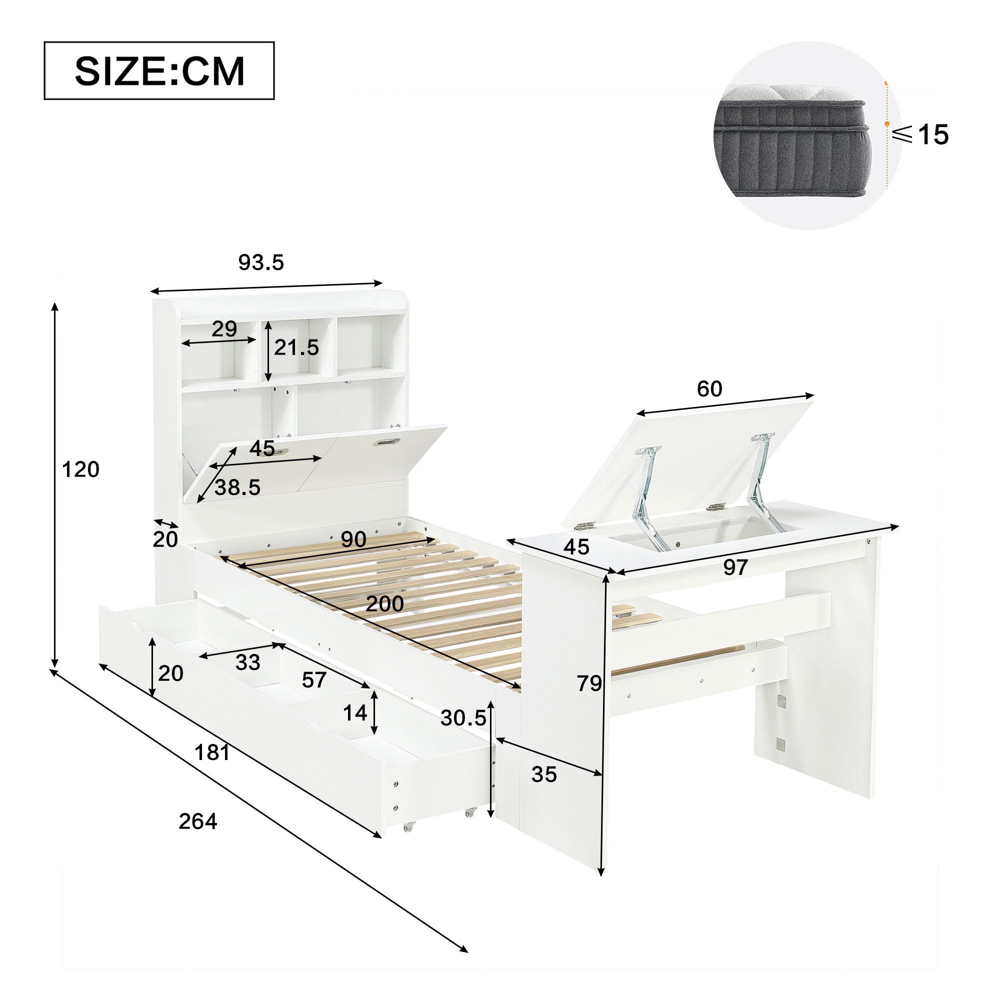 Lit 90 x 200 cm avec LED, rangements, bureau finition blanc 🏠 - points forts 1