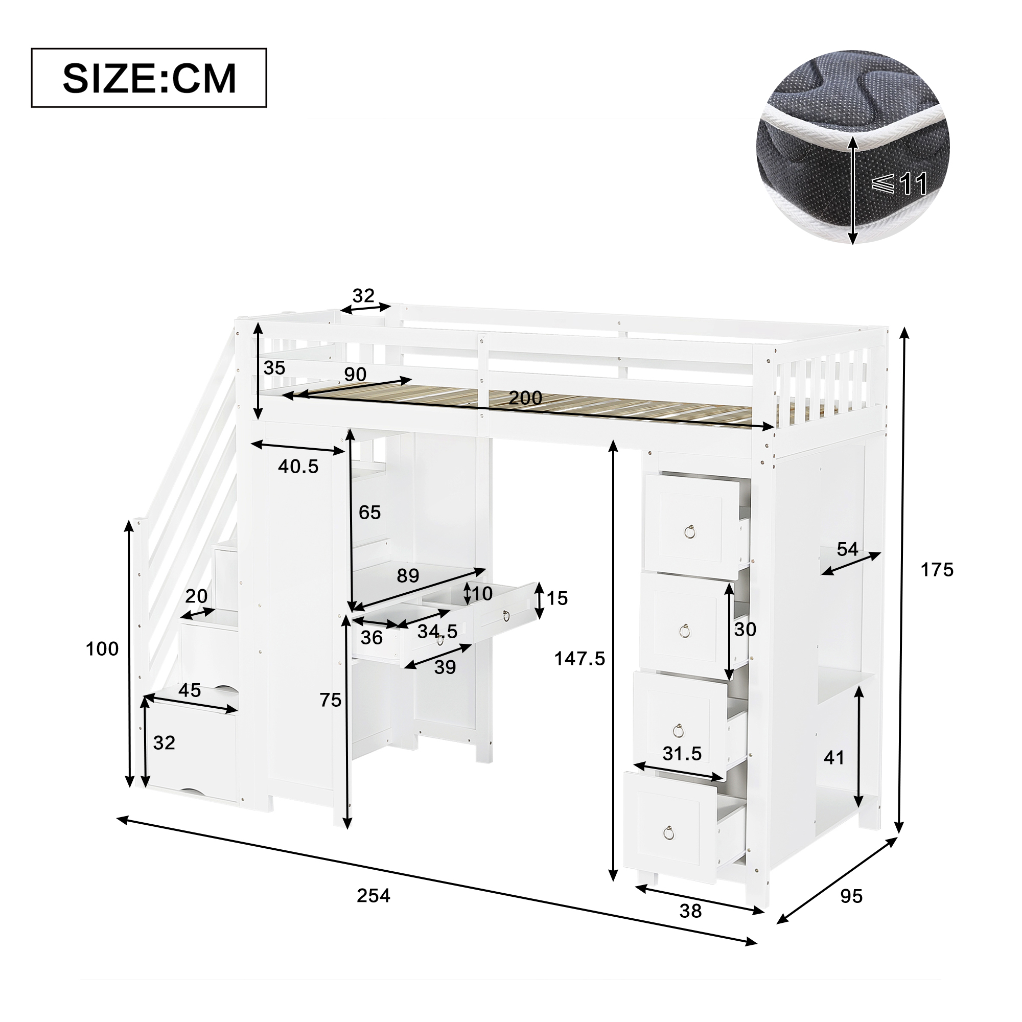 Lit mezzanine avec rangements, 2 tiroirs, bureau finition blanc 🏠 - points forts 1
