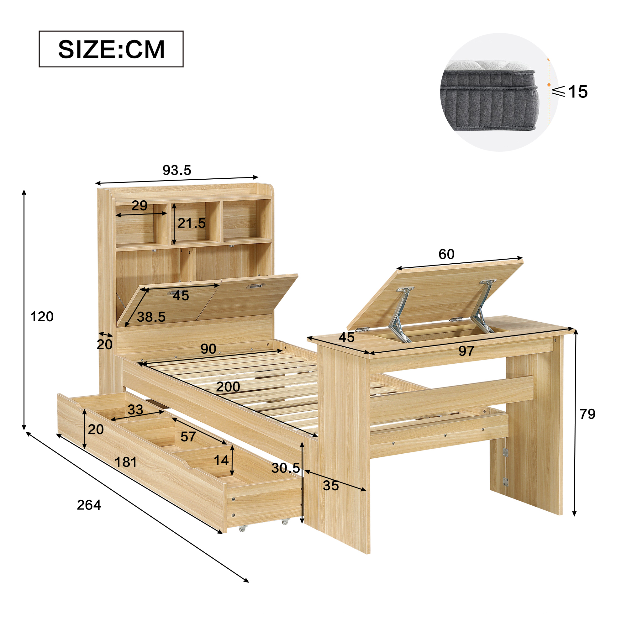Lit 90 x 200 cm avec LED, rangements, bureau finition naturel 🏠 - points forts 1