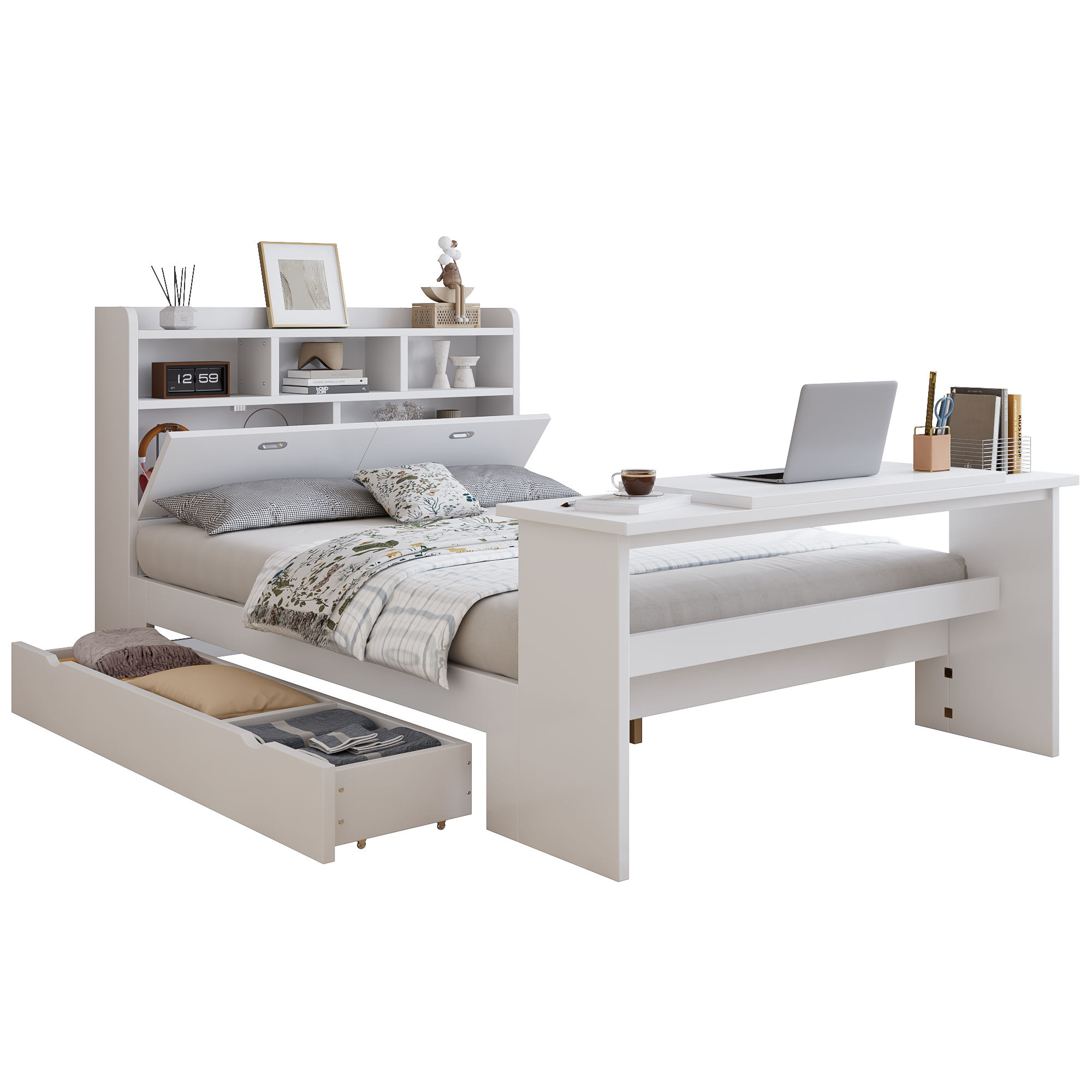 Lit 140 x 200 cm avec LED, rangements, bureau finition blanc 🏠 - spécifications 1