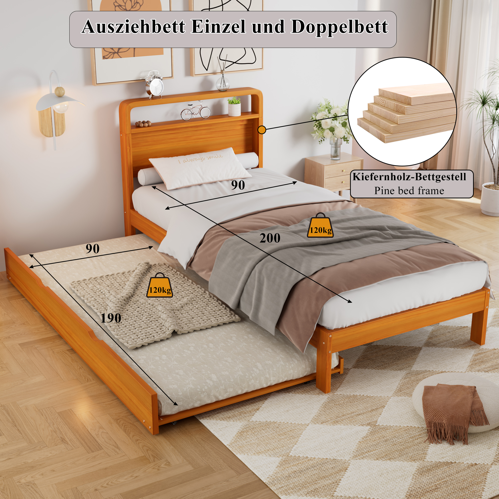 Lit en bois avec lit gigogne 90 x 200 cm, lit gigogne 90 x 190 cm, bois de pin, effet bois naturel, 205 x 95 x 92 cm 🛏️↔ - présentation 1