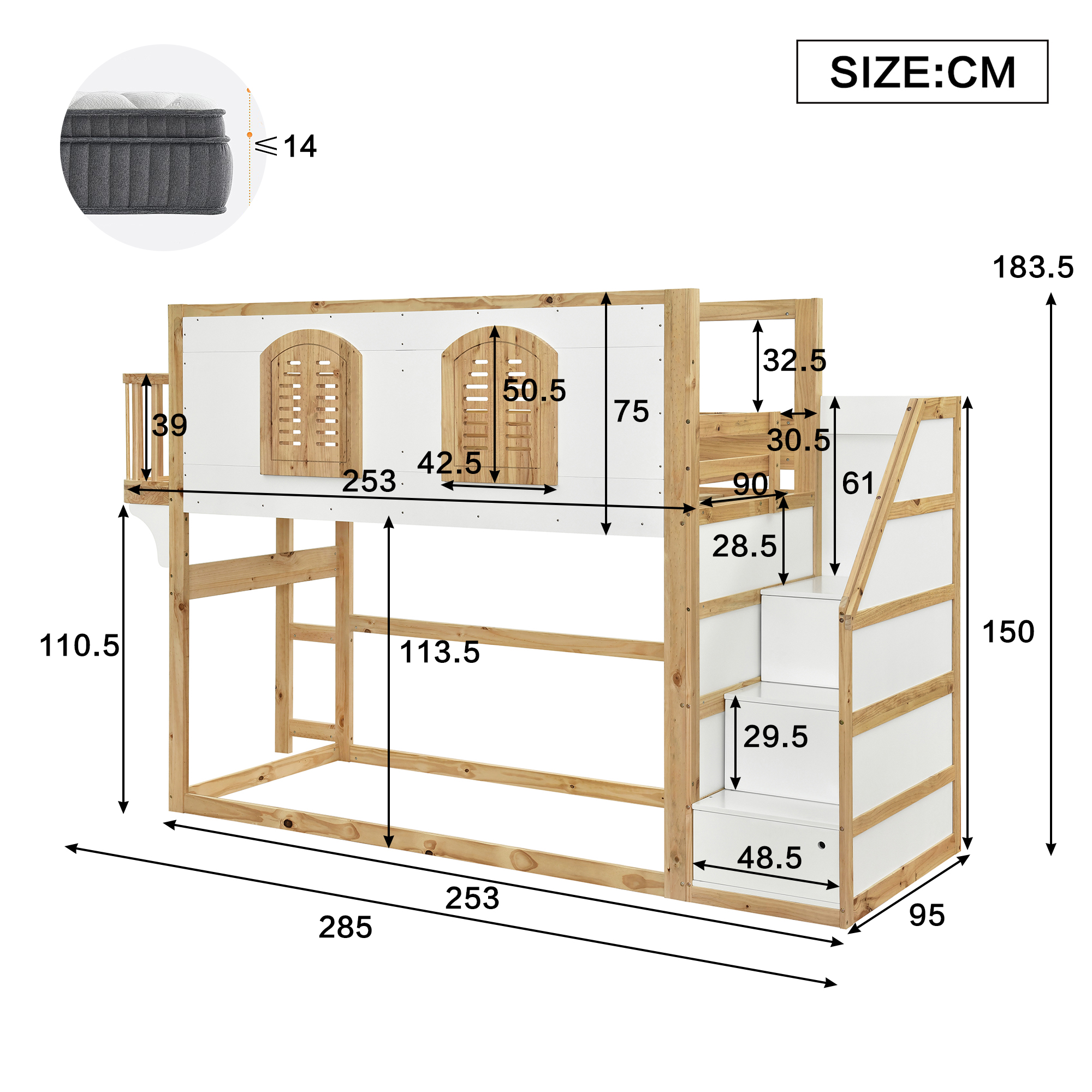 Dimensions lit mezzanine 285x95x183.5 cm