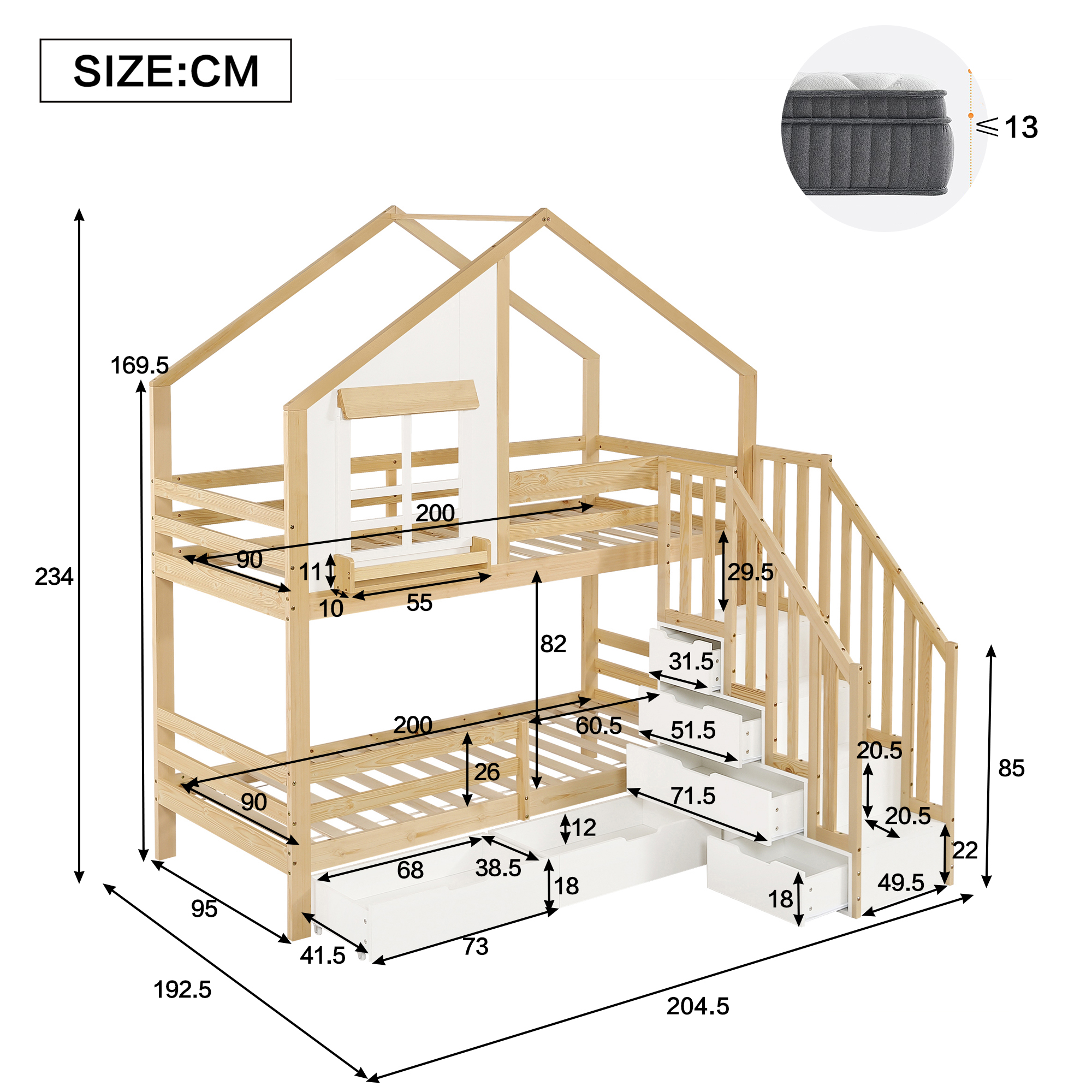 Dimensions lit superposé cabane 204.5x192.5x234cm