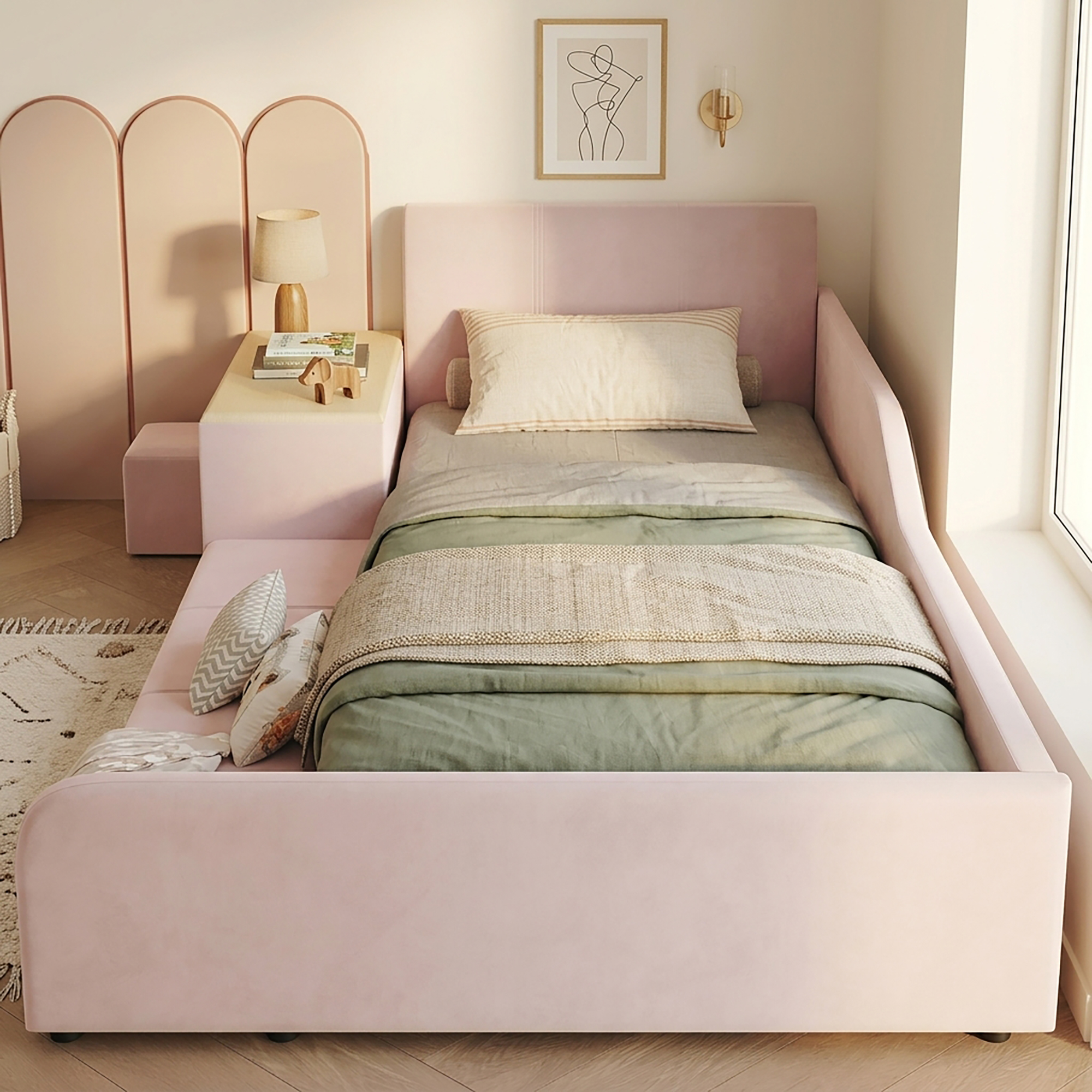 Lit rembourré 90 x 200 cm avec éclairage LED, rangements intégrés, bureau intégré, tabouret, rose - présentation 1