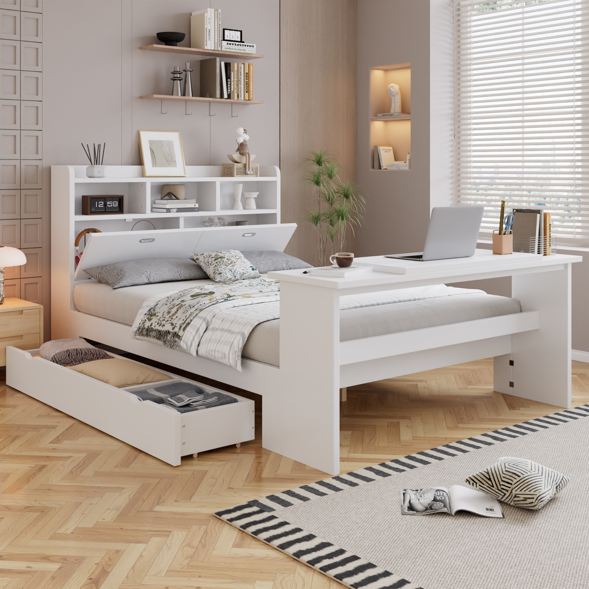 Lit 140 x 200 cm avec LED, rangements, bureau finition blanc 🏠 - présentation 1