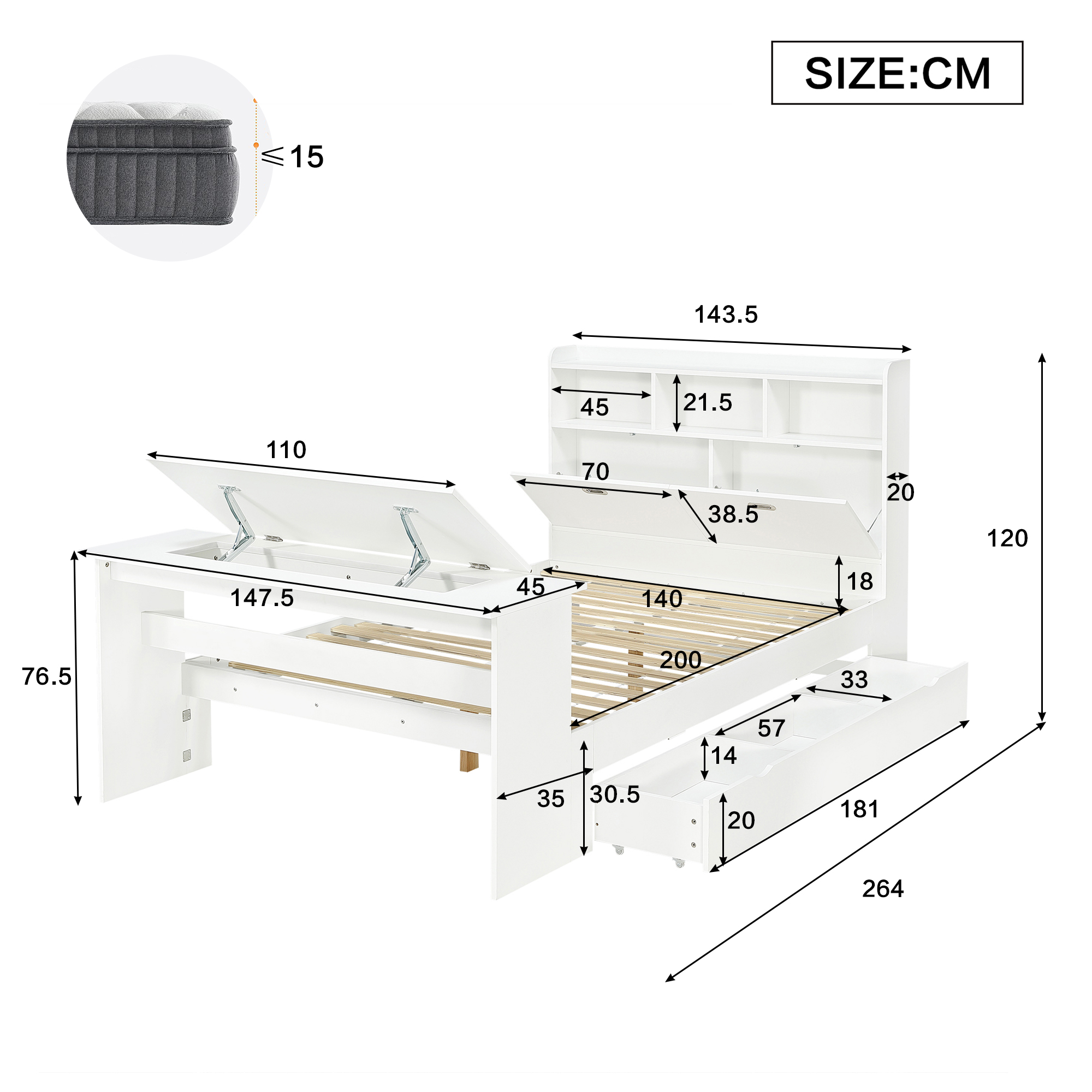 Lit 140 x 200 cm avec LED, rangements, bureau finition blanc 🏠 - points forts 1