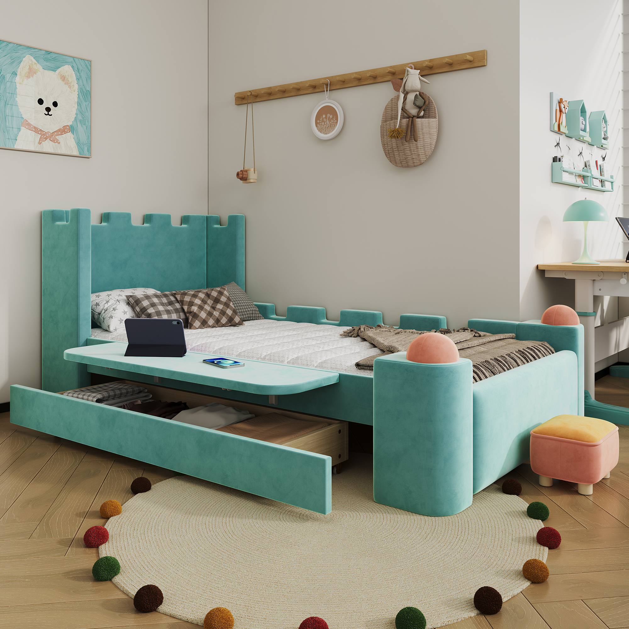 Lit 90 x 200 cm avec LED, rangements, bureau finition bleu et vert 🏠 - présentation 1