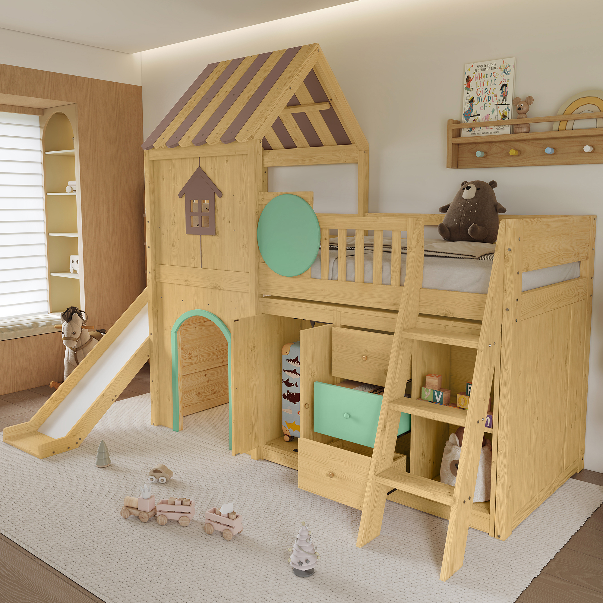 Lit mezzanine avec LED, USB Type-C, rangements, bureau finition naturel 🏠 - présentation 1