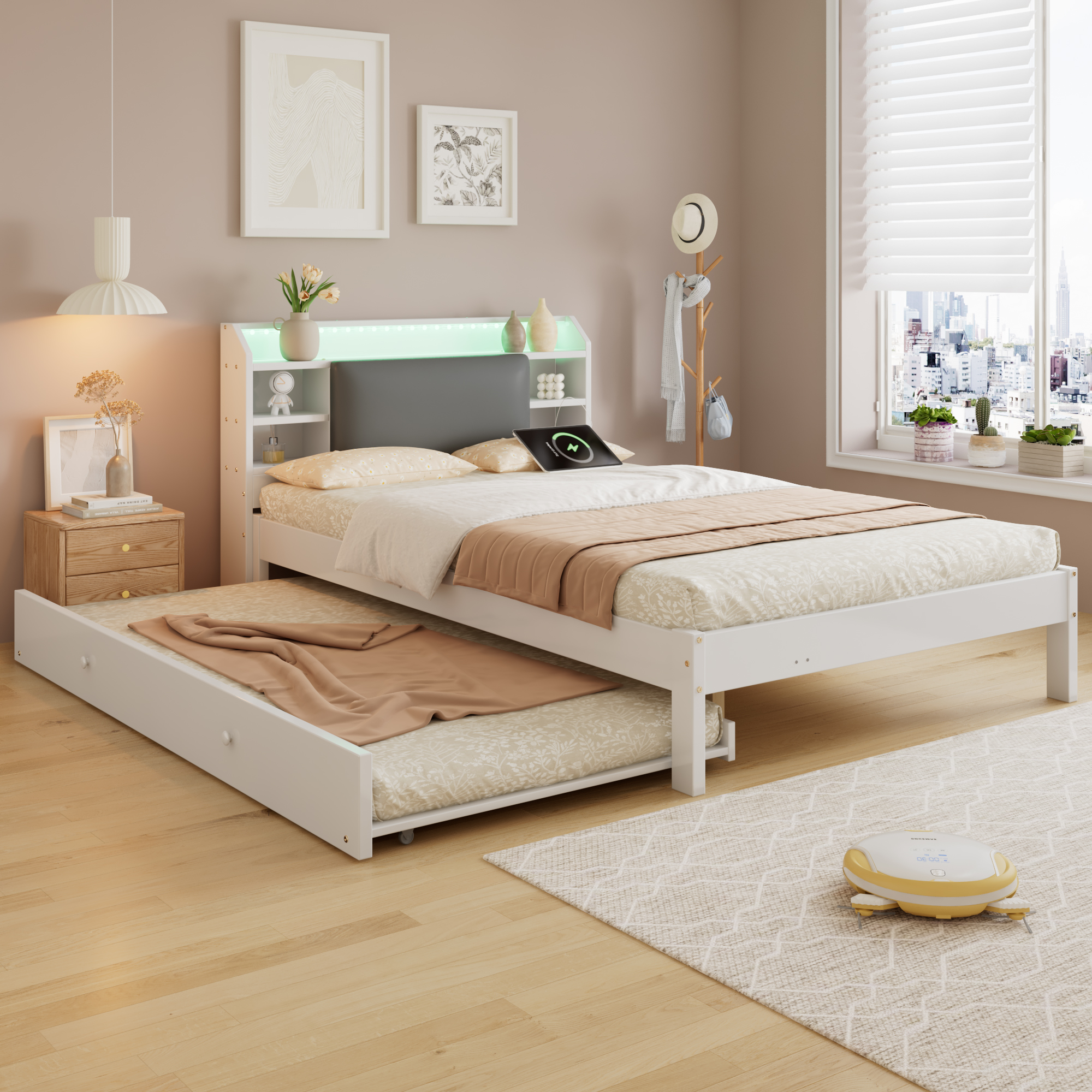 Lit / lit de chambre 120 x 200 cm avec éclairage LED, rangements intégrés, roulettes, fonction extensible, blanc - présentation 1