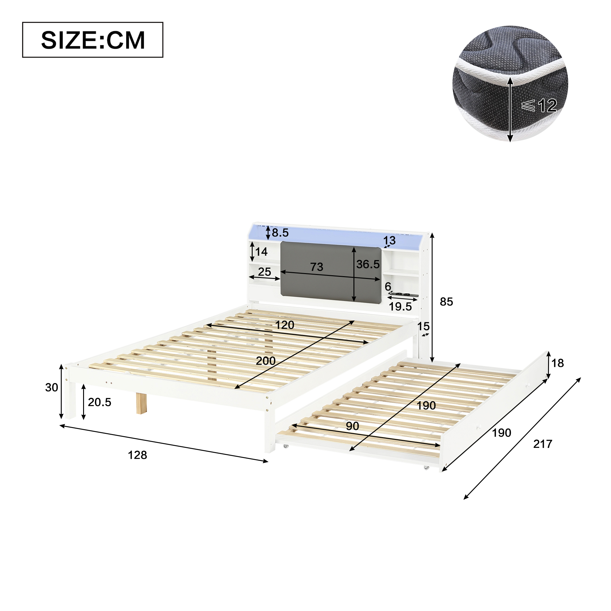Lit / lit de chambre 120 x 200 cm avec éclairage LED, rangements intégrés, roulettes, fonction extensible, blanc - vue complémentaire 1