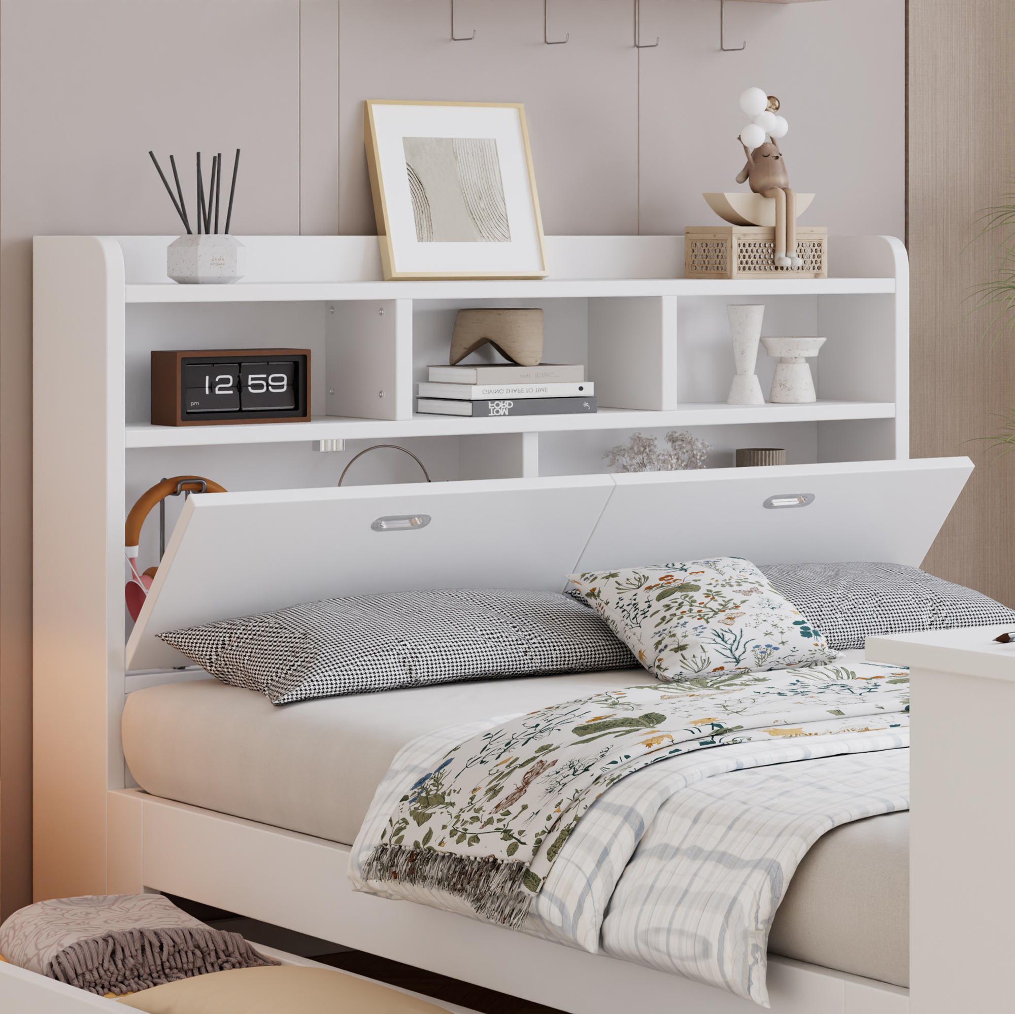 Lit 140 x 200 cm avec LED, rangements, bureau finition blanc 🏠 - vue complémentaire 1