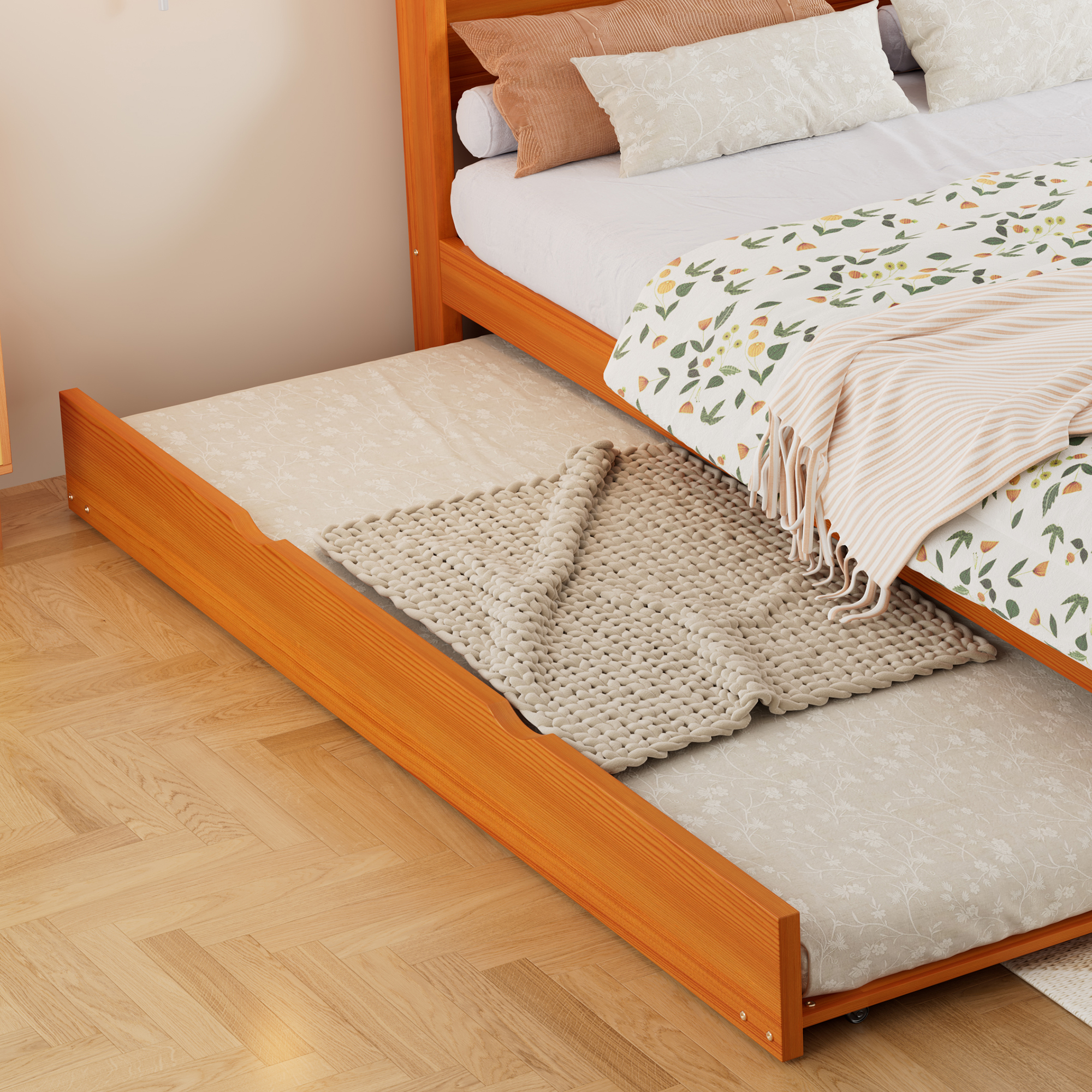 Lit en bois avec lit gigogne 140 x 200 cm, lit gigogne 90 x 190 cm, bois de pin, effet bois naturel, 205 x 145 x 92 cm 🛏️↔ - points forts 1