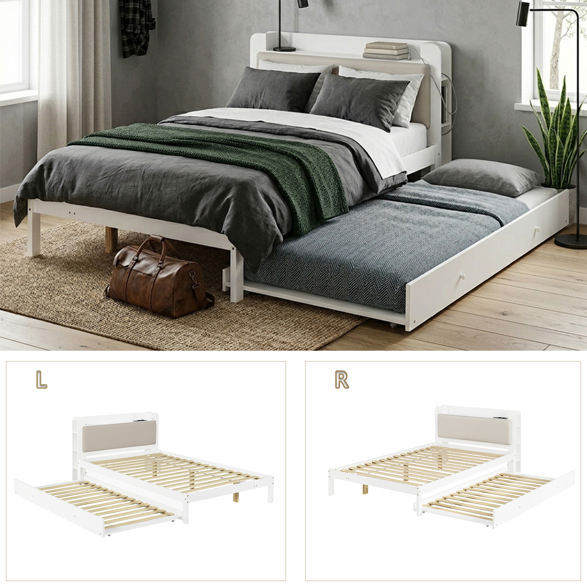 Lit banquette / lit gigogne 120 x 200 cm avec éclairage LED, rangements intégrés, fonction extensible, blanc - spécifications 1
