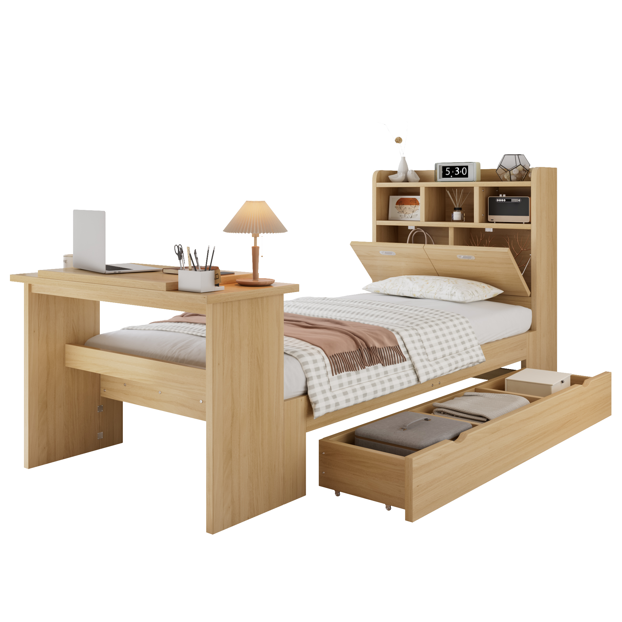 Lit 90 x 200 cm avec LED, rangements, bureau finition naturel 🏠 - spécifications 1