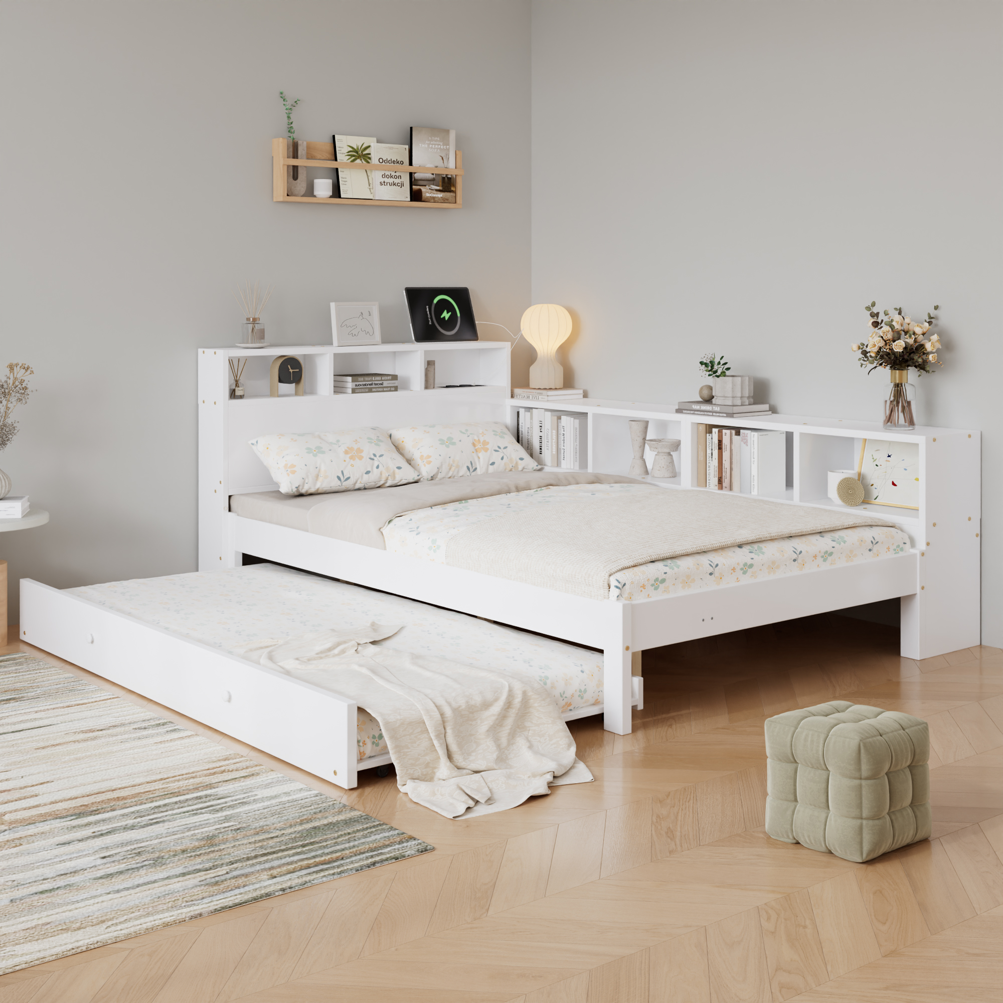 Lit / lit de chambre 120 x 200 cm avec éclairage LED, rangements intégrés, fonction extensible, blanc - présentation 1
