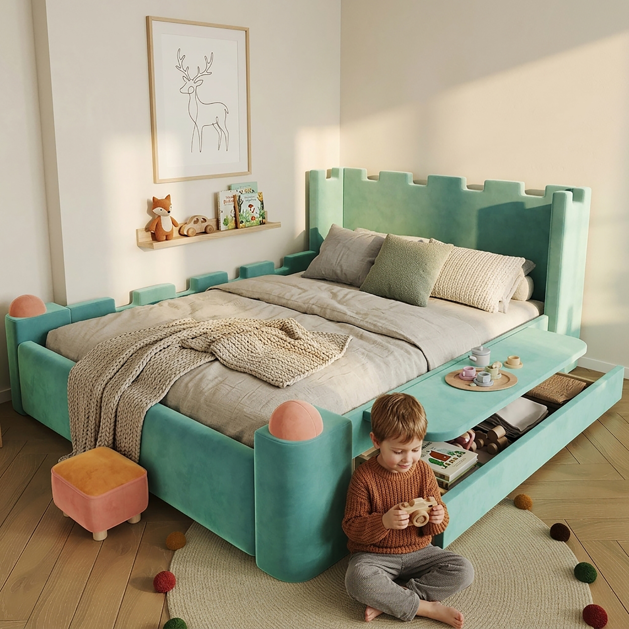 Lit 140 x 200 cm avec LED, rangements, bureau finition bleu-vert 🏠 - présentation 1